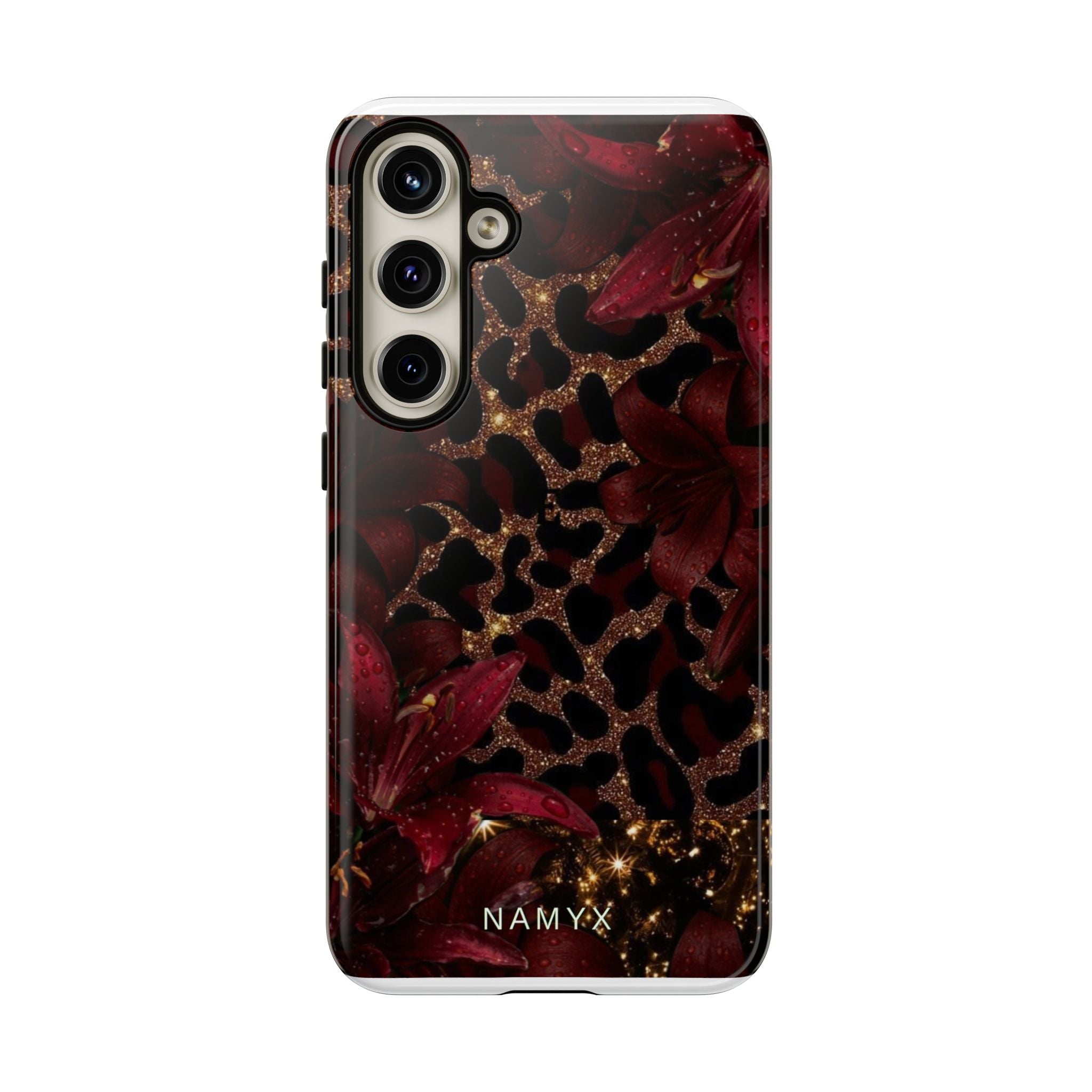 Protective Phone Case — Burgundy Floral & Gold Leopard Print Tough Case