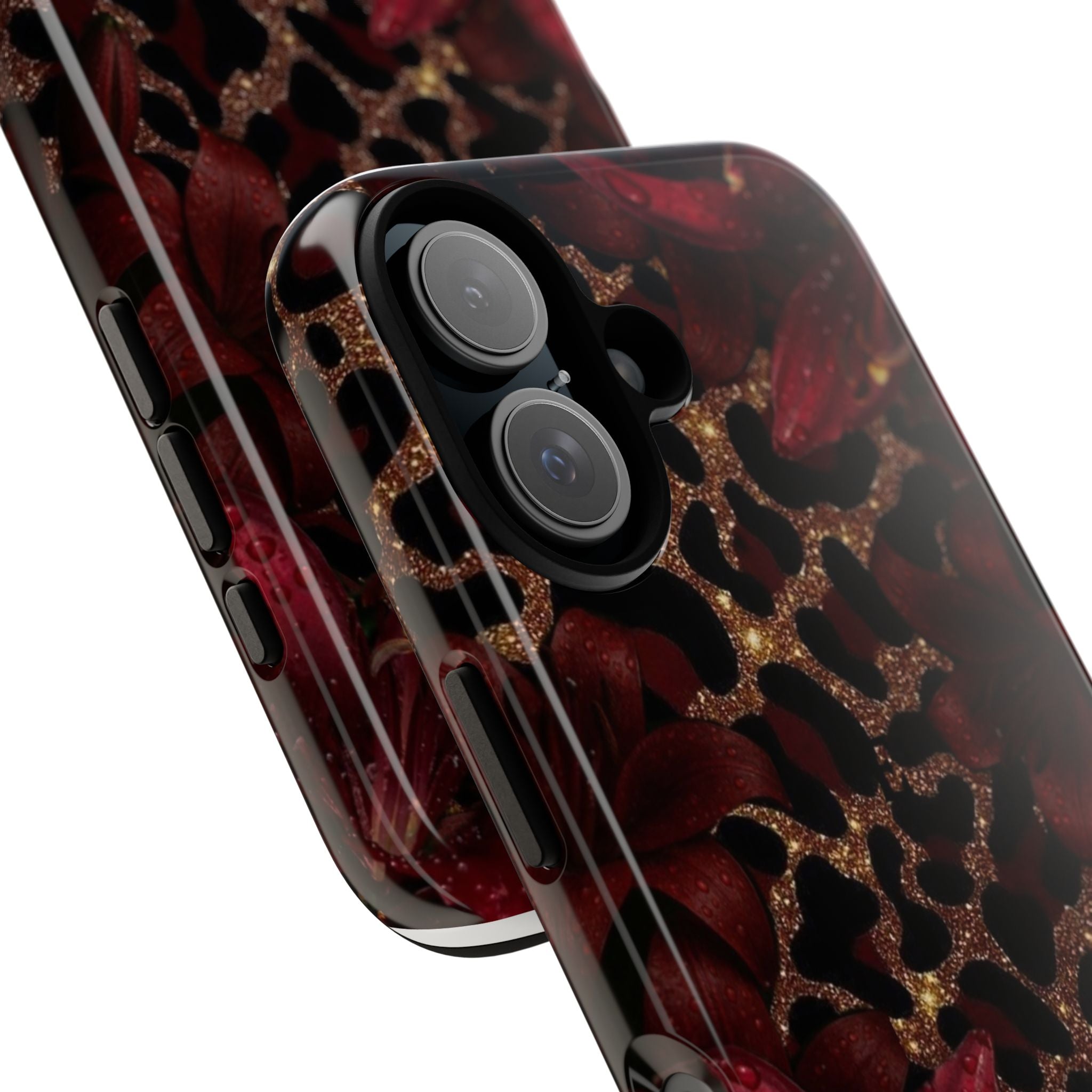 Protective Phone Case — Burgundy Floral & Gold Leopard Print Tough Case