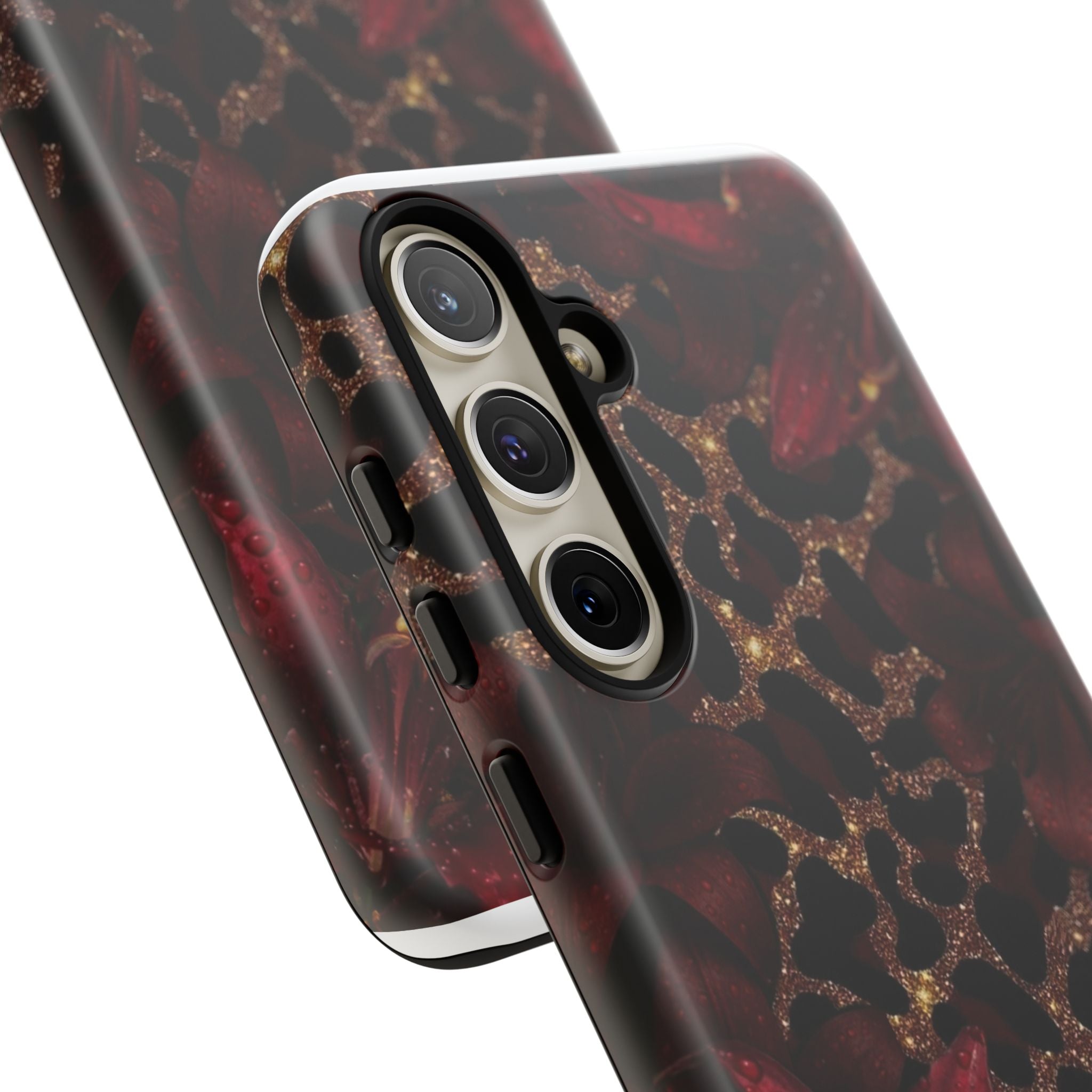 Protective Phone Case — Burgundy Floral & Gold Leopard Print Tough Case