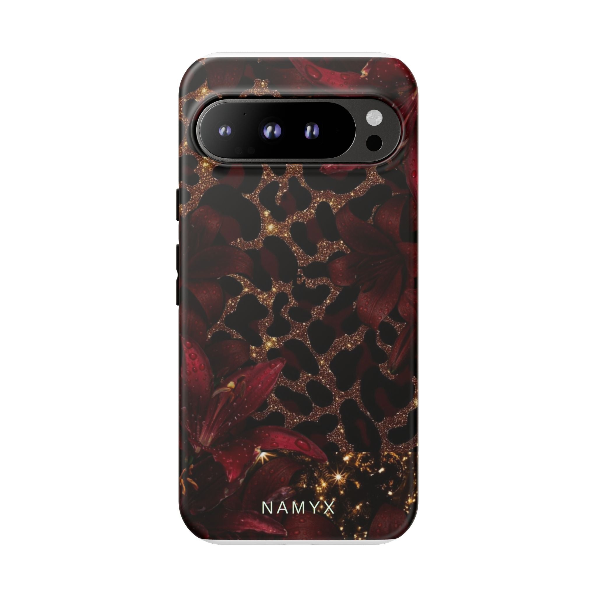 Protective Phone Case — Burgundy Floral & Gold Leopard Print Tough Case