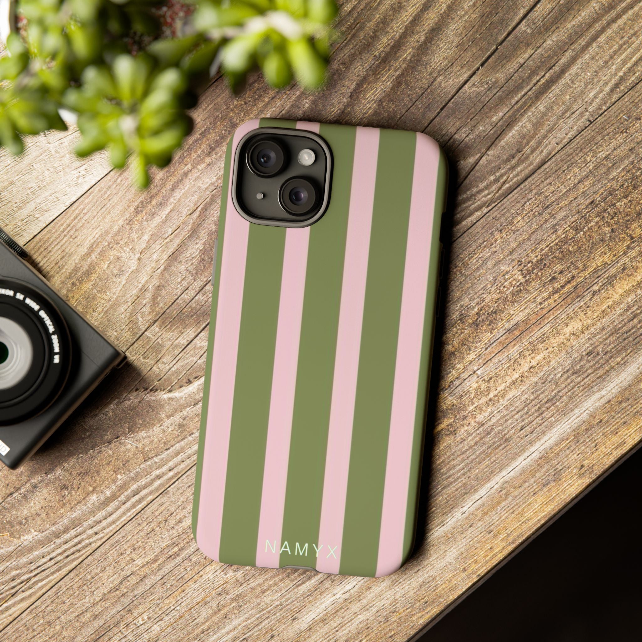 Striped Olive & Blush Tough Phone Case — Durable Protective Phone Cover