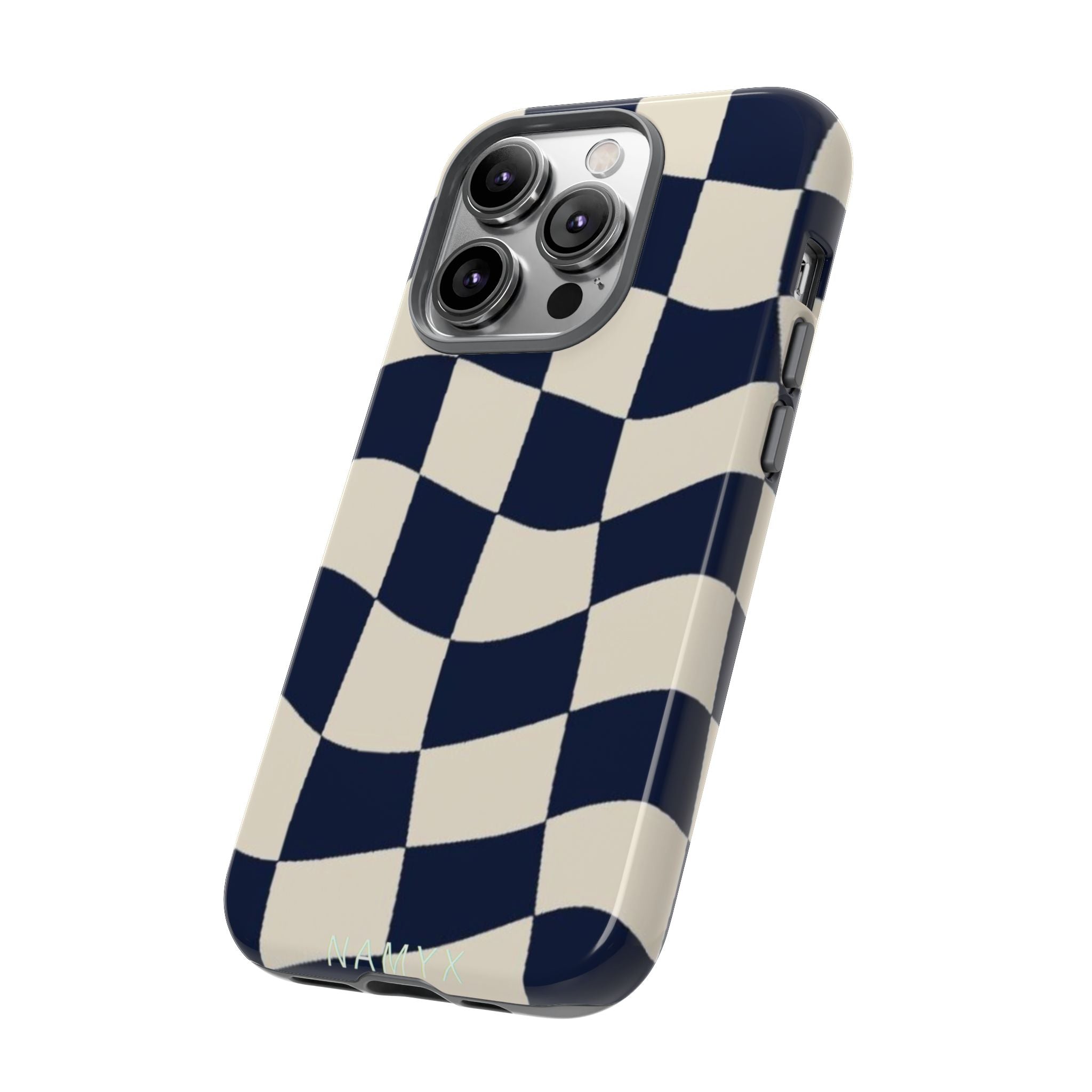 Wavy Checkered Phone Case – Retro Navy Racing Pattern Tough Case