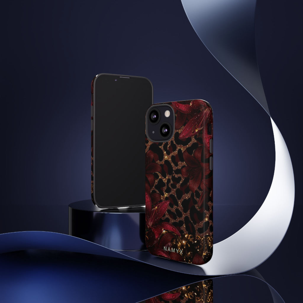 Protective Phone Case — Burgundy Floral & Gold Leopard Print Tough Case