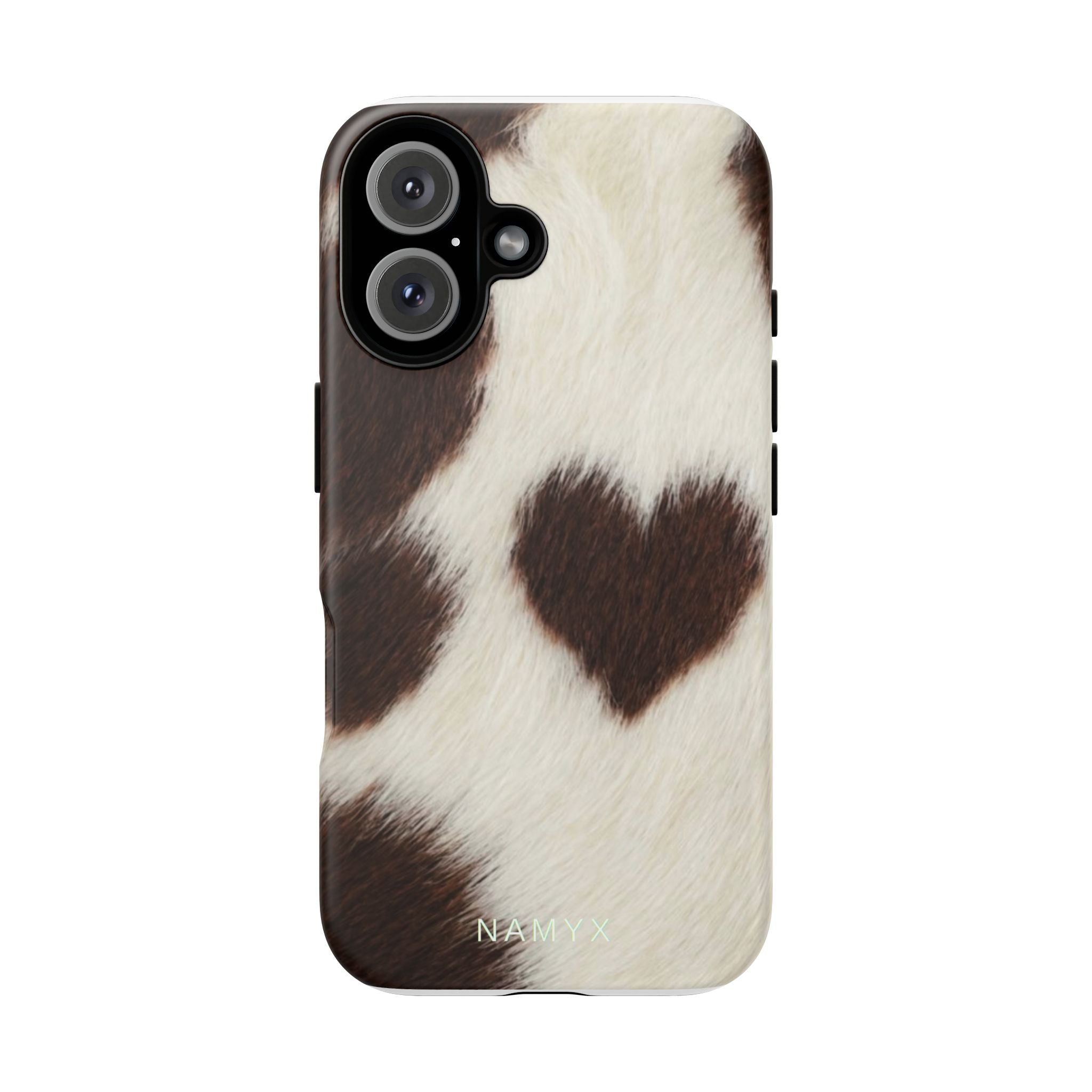Cowhide Heart Phone Case — Cute Cow Print Protective iPhone Cover