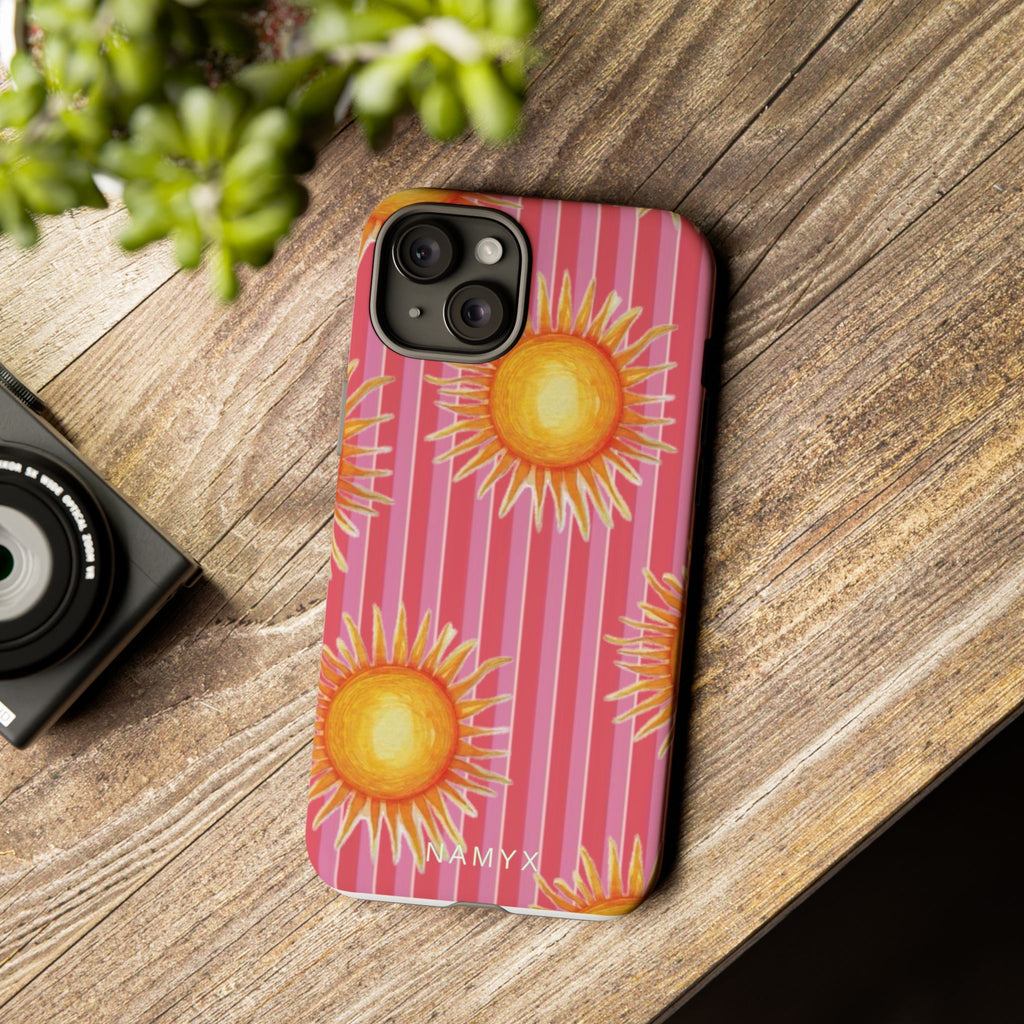 Sunburst Stripe Tough Phone Case — Bright Yellow Sun Pattern on Pink