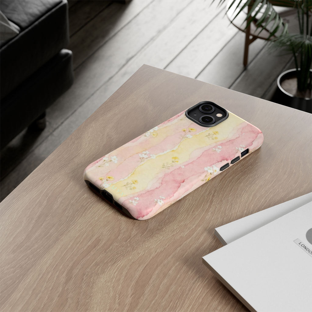 Floral Watercolor Tough Phone Case — Pink & Yellow Daisy Protective Cover