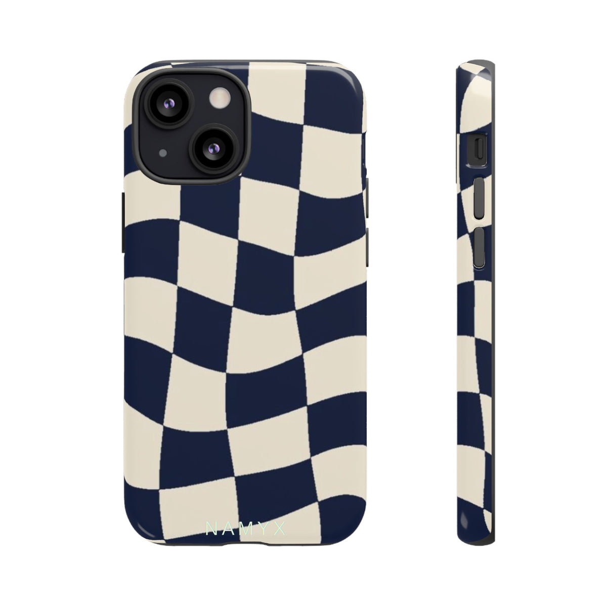 Wavy Checkered Phone Case – Retro Navy Racing Pattern Tough Case