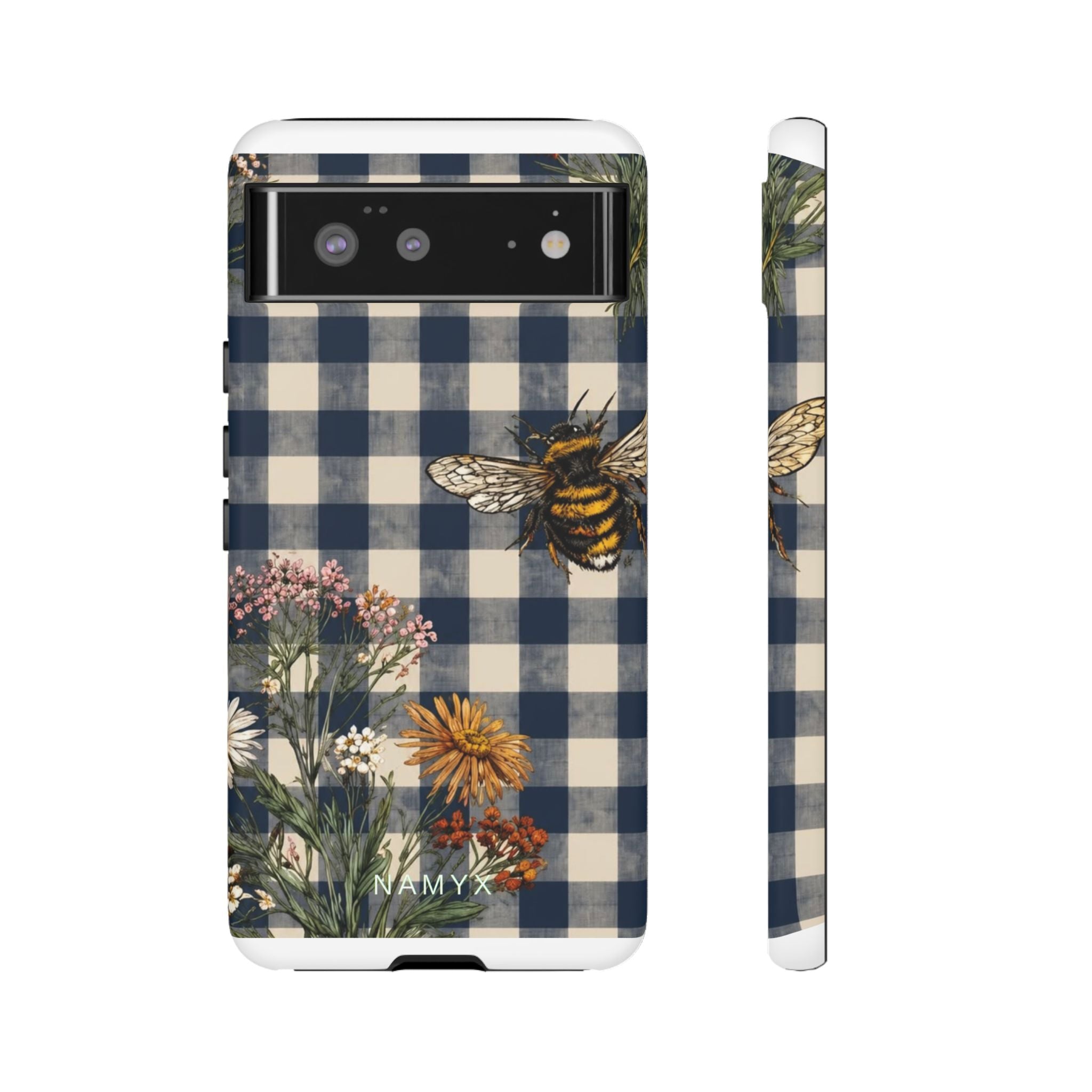 Bee & Wildflower Plaid Phone Case — Navy Buffalo Check Floral iPhone Cover