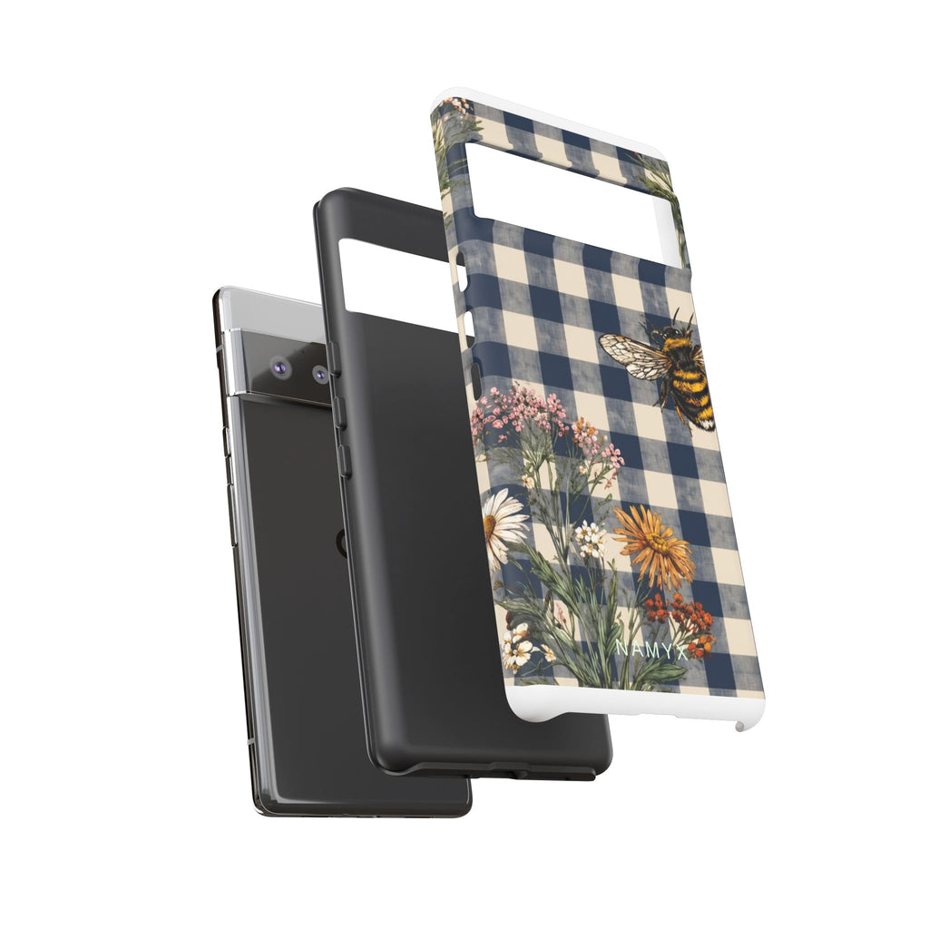 Bee & Wildflower Plaid Phone Case — Navy Buffalo Check Floral iPhone Cover