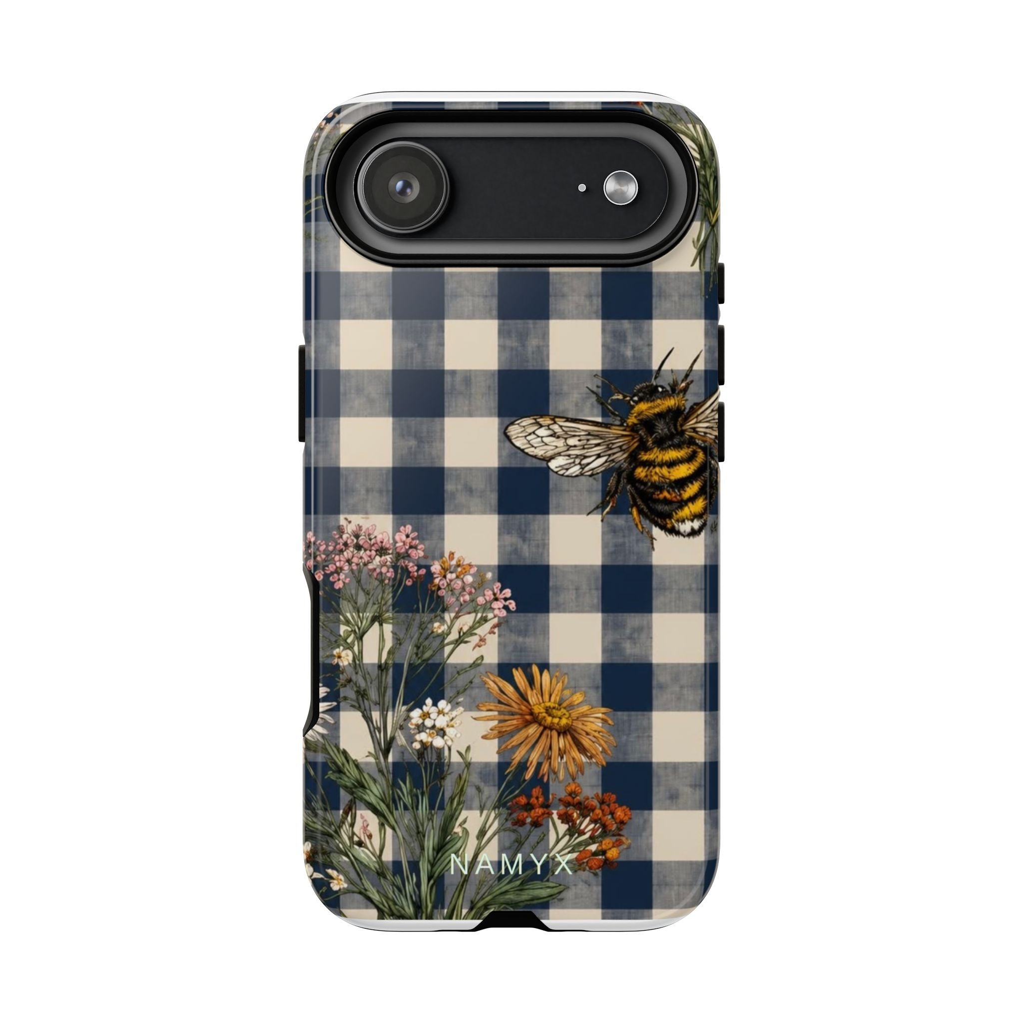 Bee & Wildflower Plaid Phone Case — Navy Buffalo Check Floral iPhone Cover