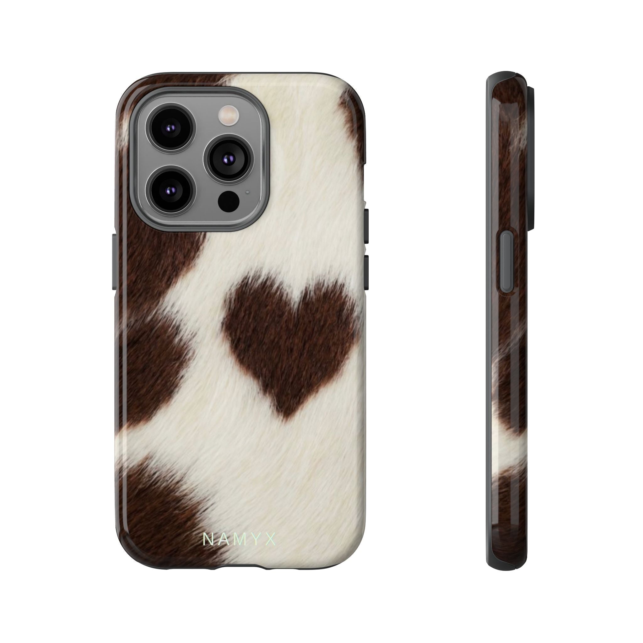 Cowhide Heart Phone Case — Cute Cow Print Protective iPhone Cover