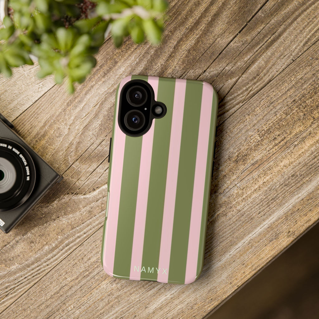 Striped Olive & Blush Tough Phone Case — Durable Protective Phone Cover