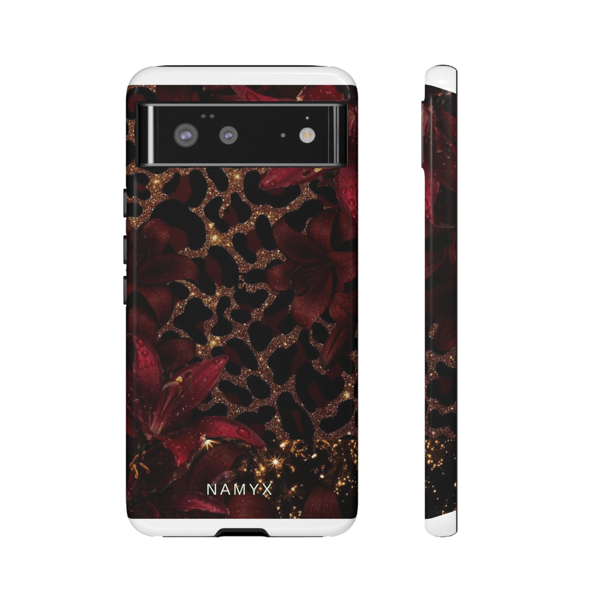 Protective Phone Case — Burgundy Floral & Gold Leopard Print Tough Case