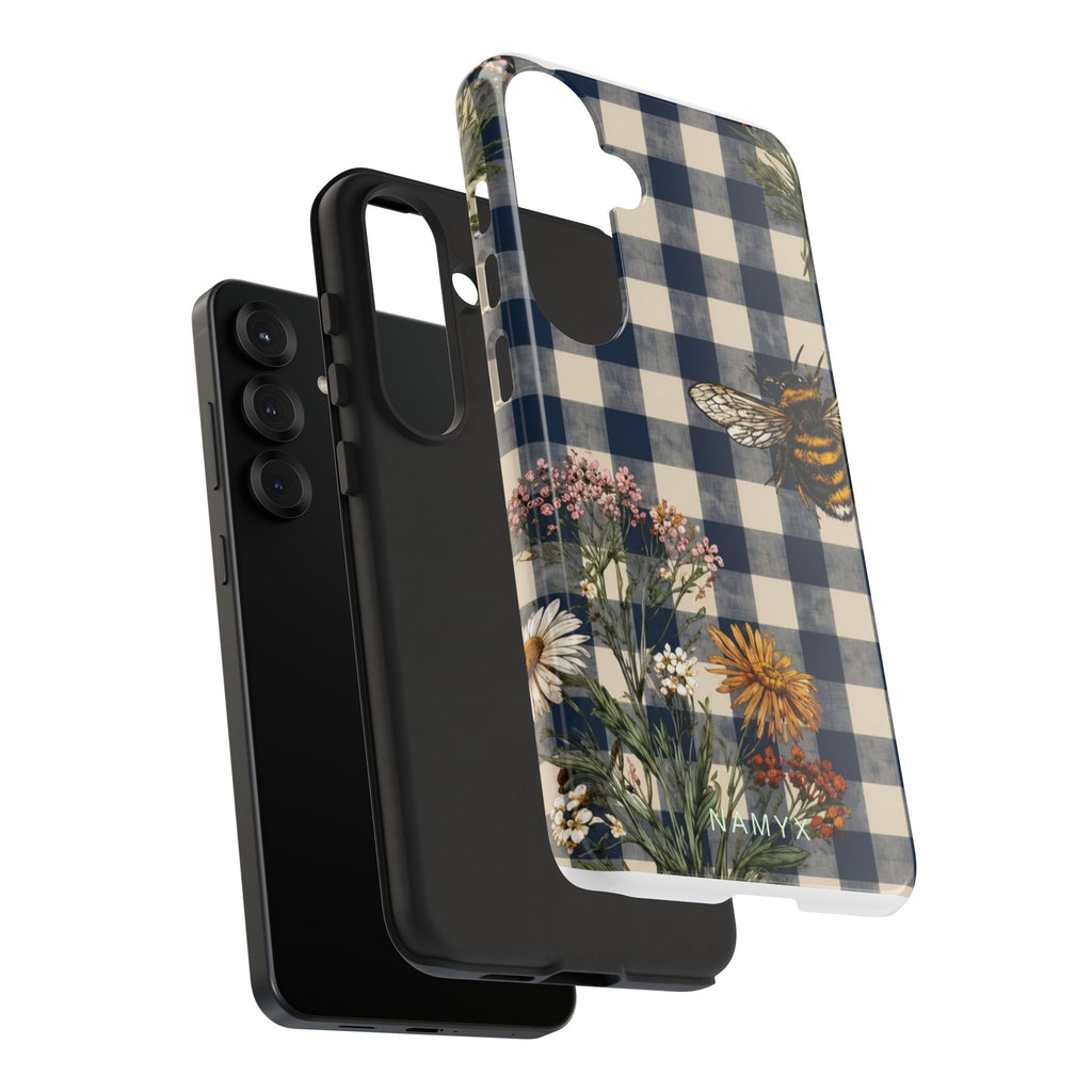 Bee & Wildflower Plaid Phone Case — Navy Buffalo Check Floral iPhone Cover