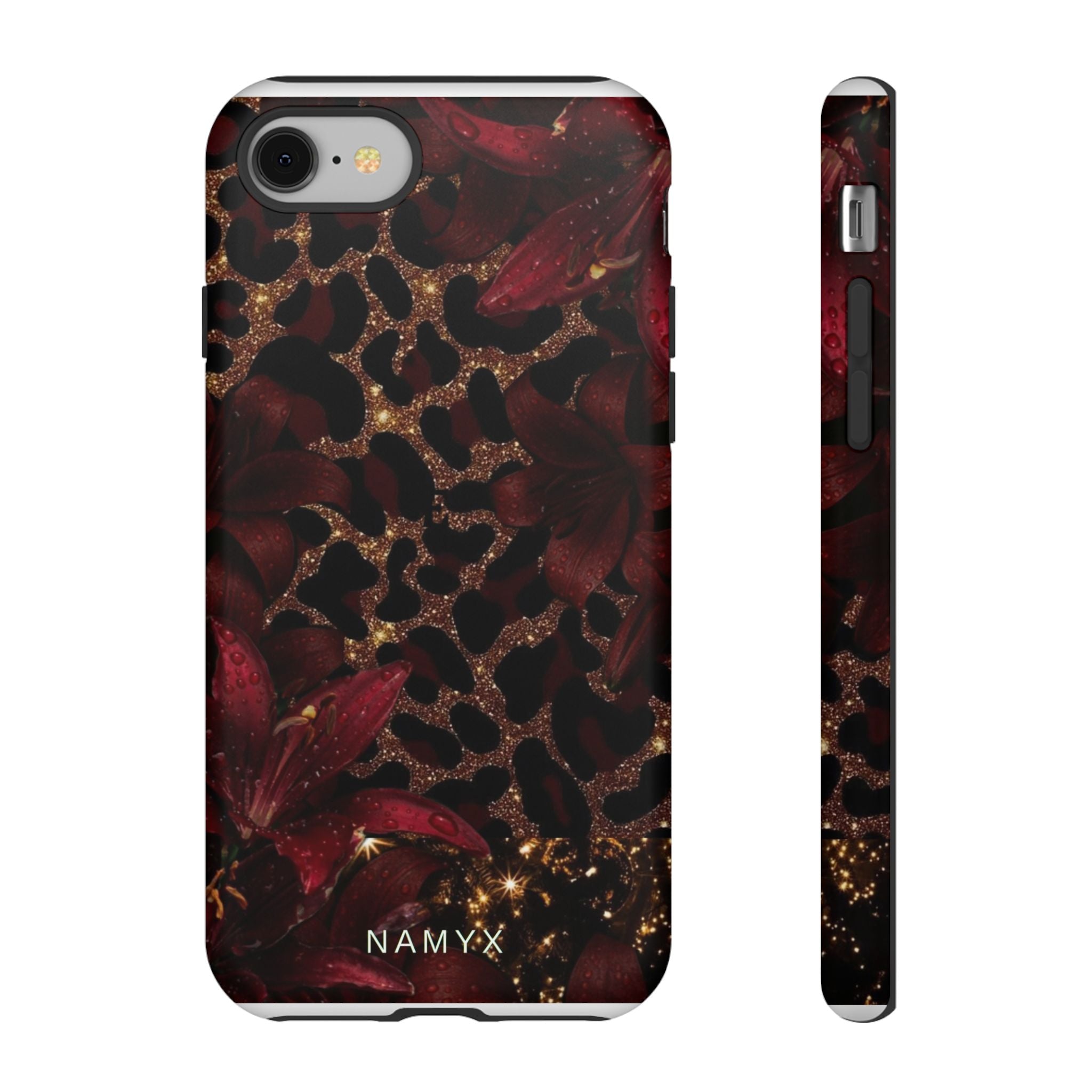 Protective Phone Case — Burgundy Floral & Gold Leopard Print Tough Case