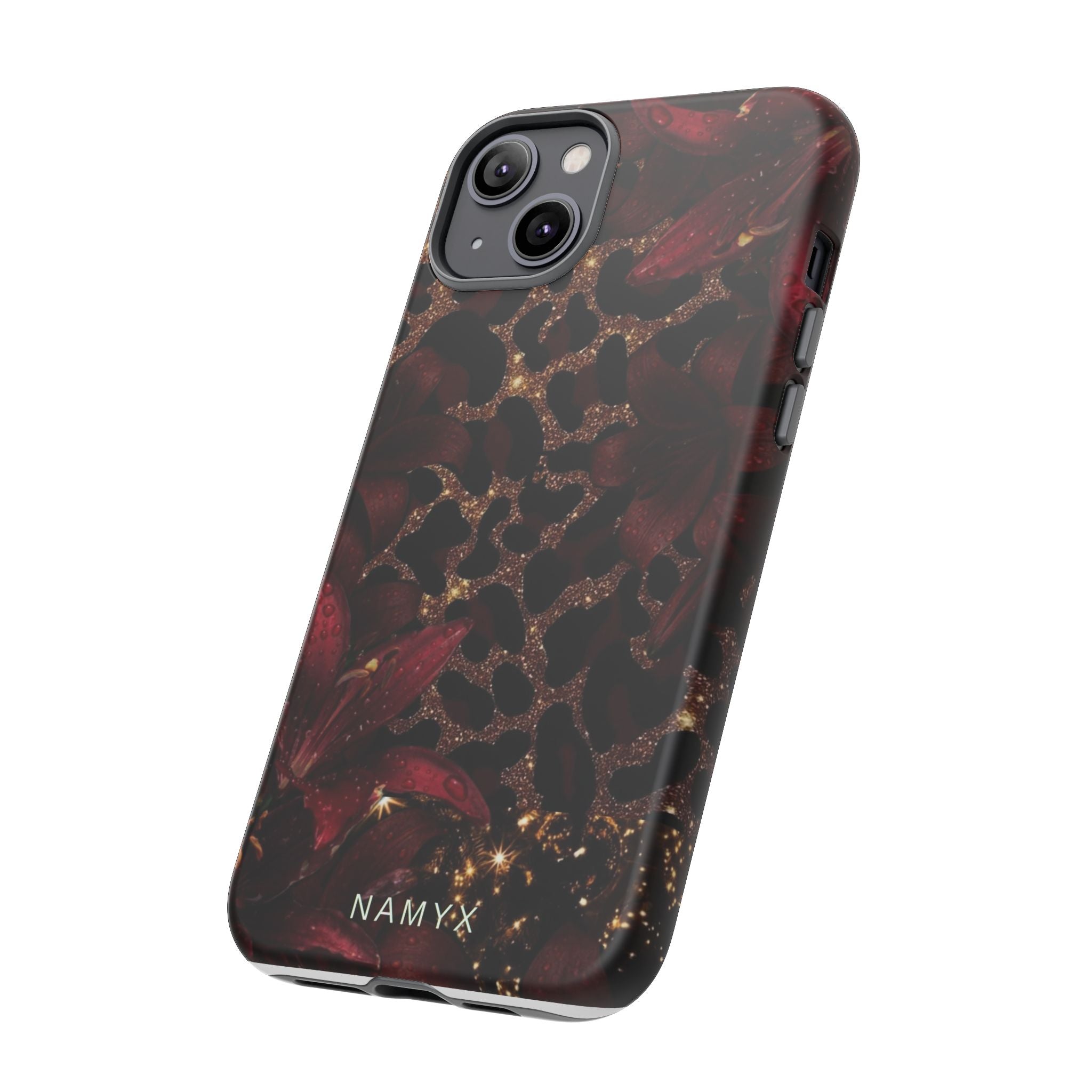 Protective Phone Case — Burgundy Floral & Gold Leopard Print Tough Case