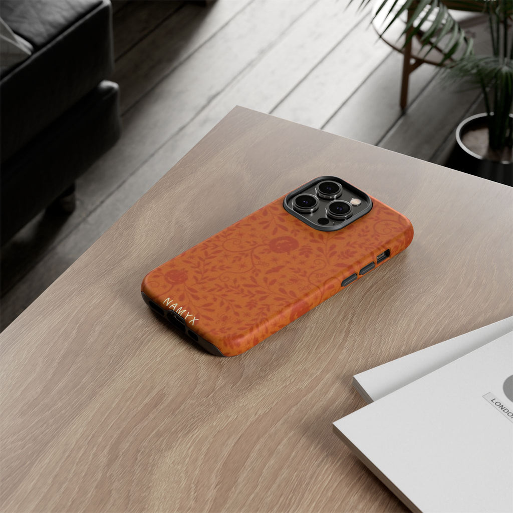 Floral Leather Phone Case — Rustic Orange Botanical Tough Case
