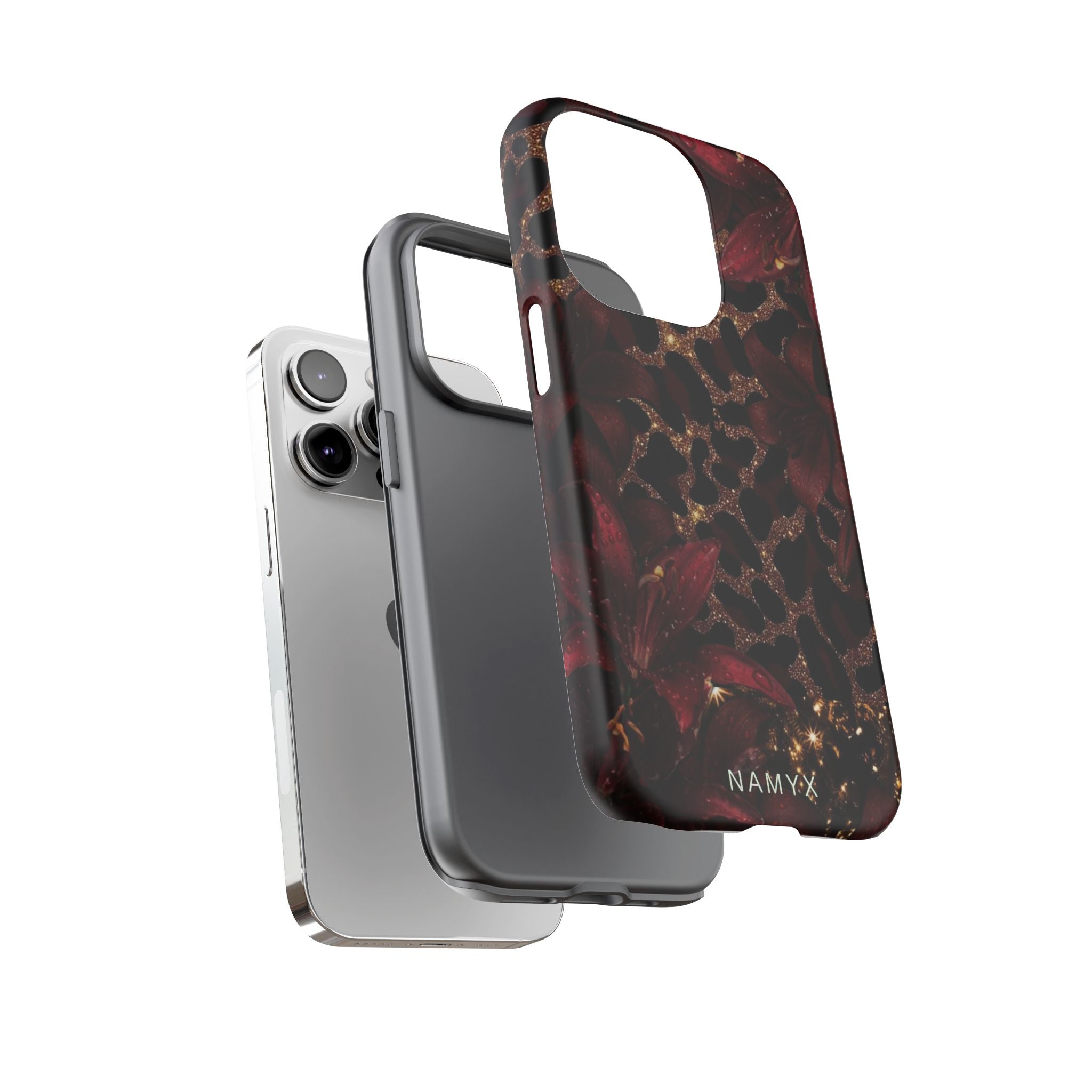 Protective Phone Case — Burgundy Floral & Gold Leopard Print Tough Case