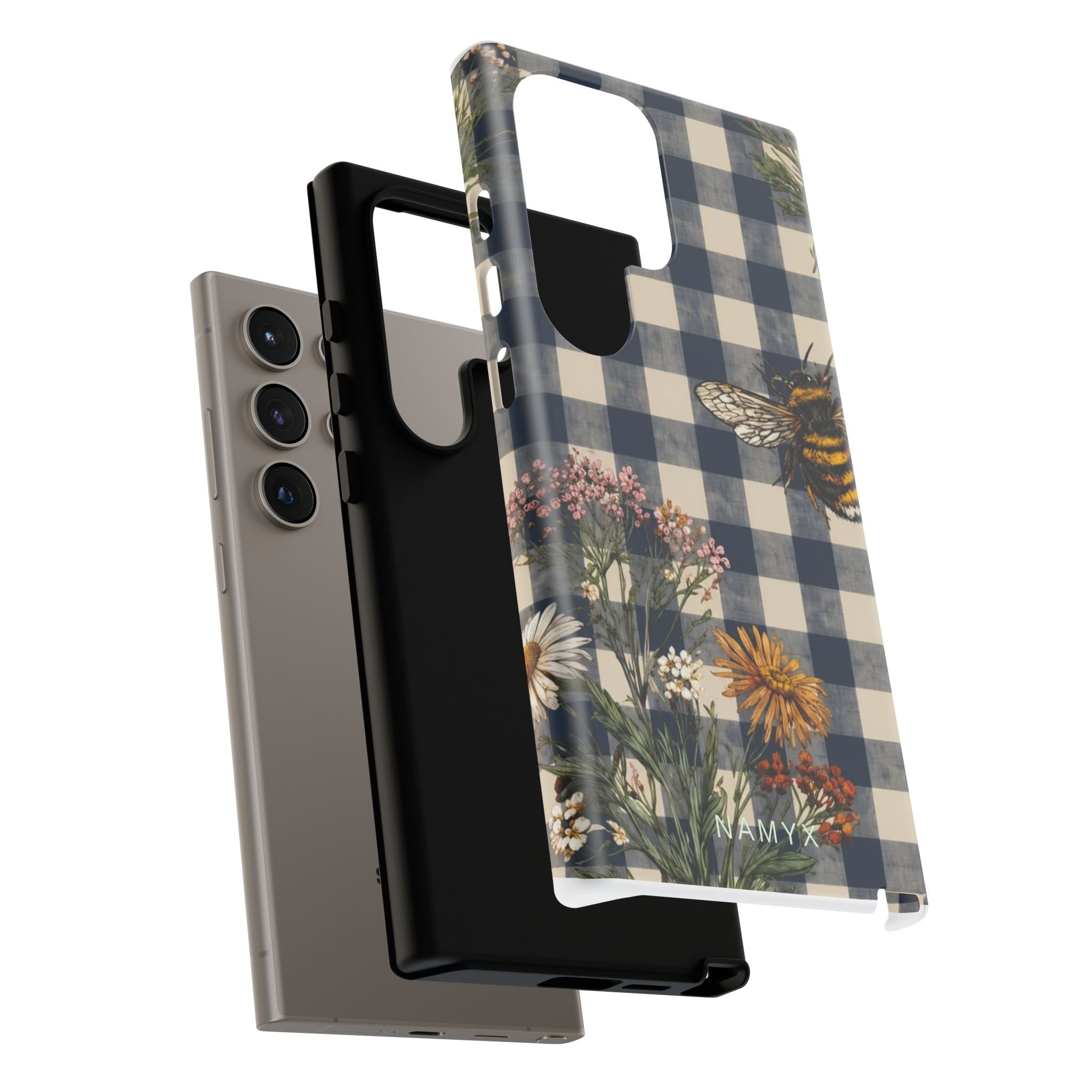 Bee & Wildflower Plaid Phone Case — Navy Buffalo Check Floral iPhone Cover