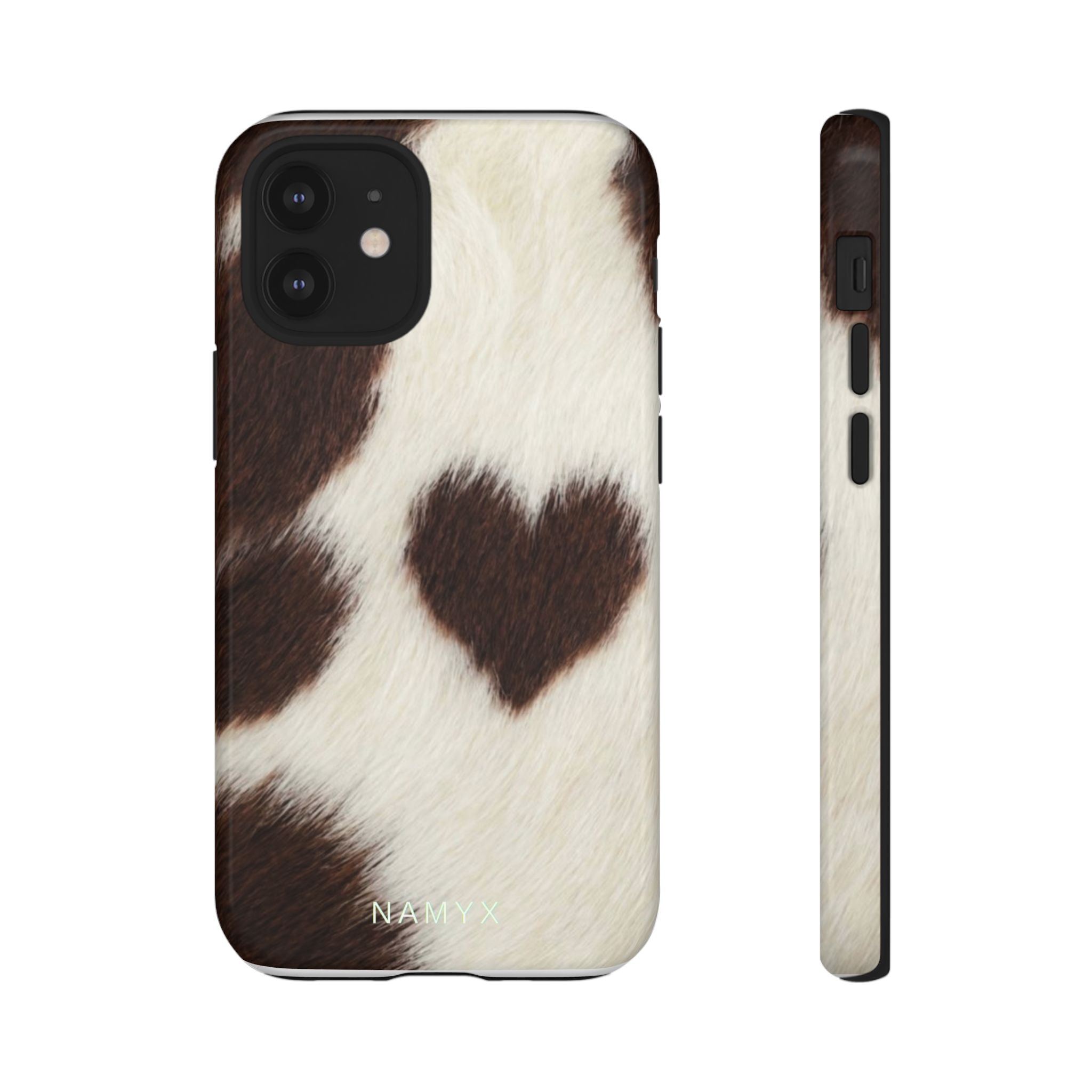 Cowhide Heart Phone Case — Cute Cow Print Protective iPhone Cover