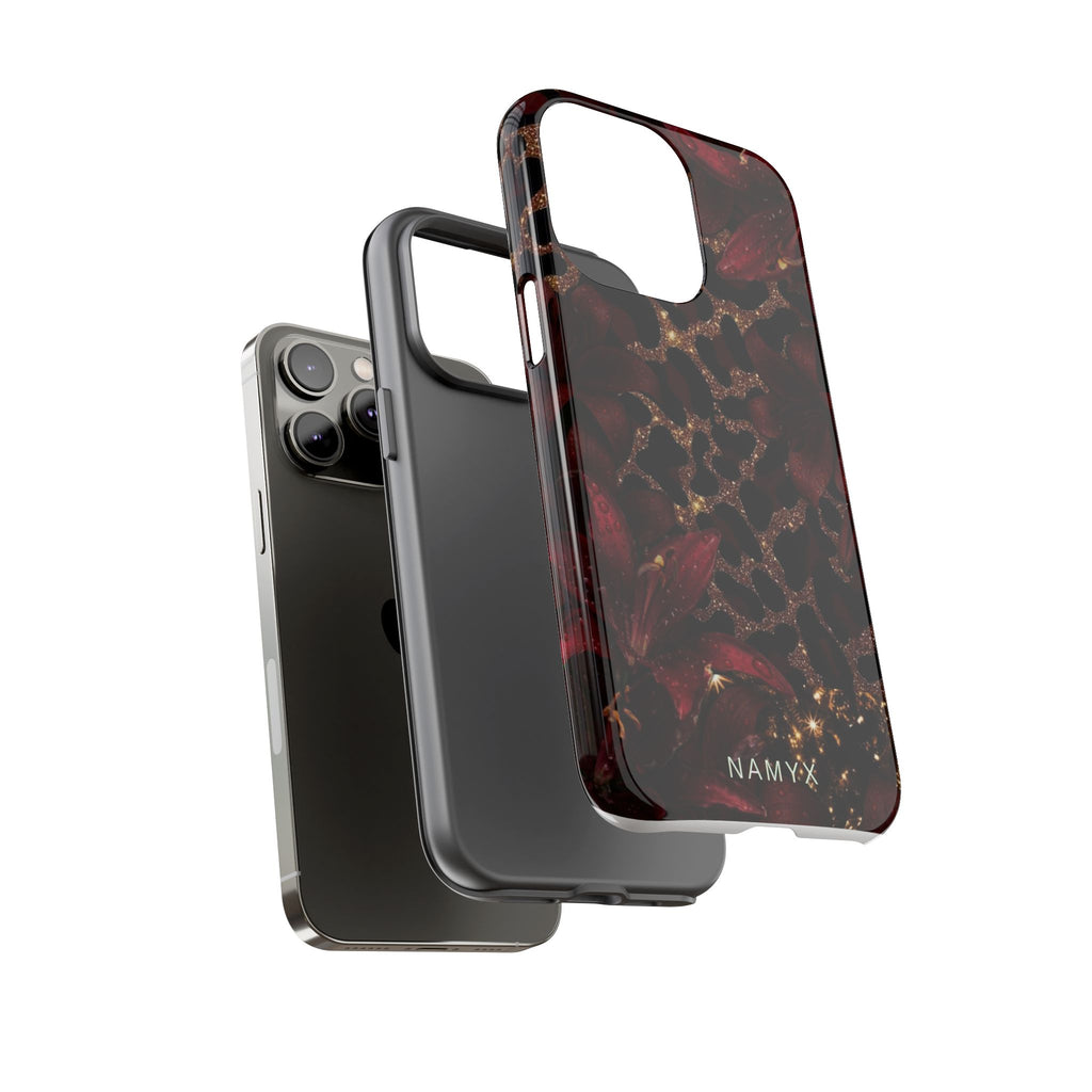 Protective Phone Case — Burgundy Floral & Gold Leopard Print Tough Case