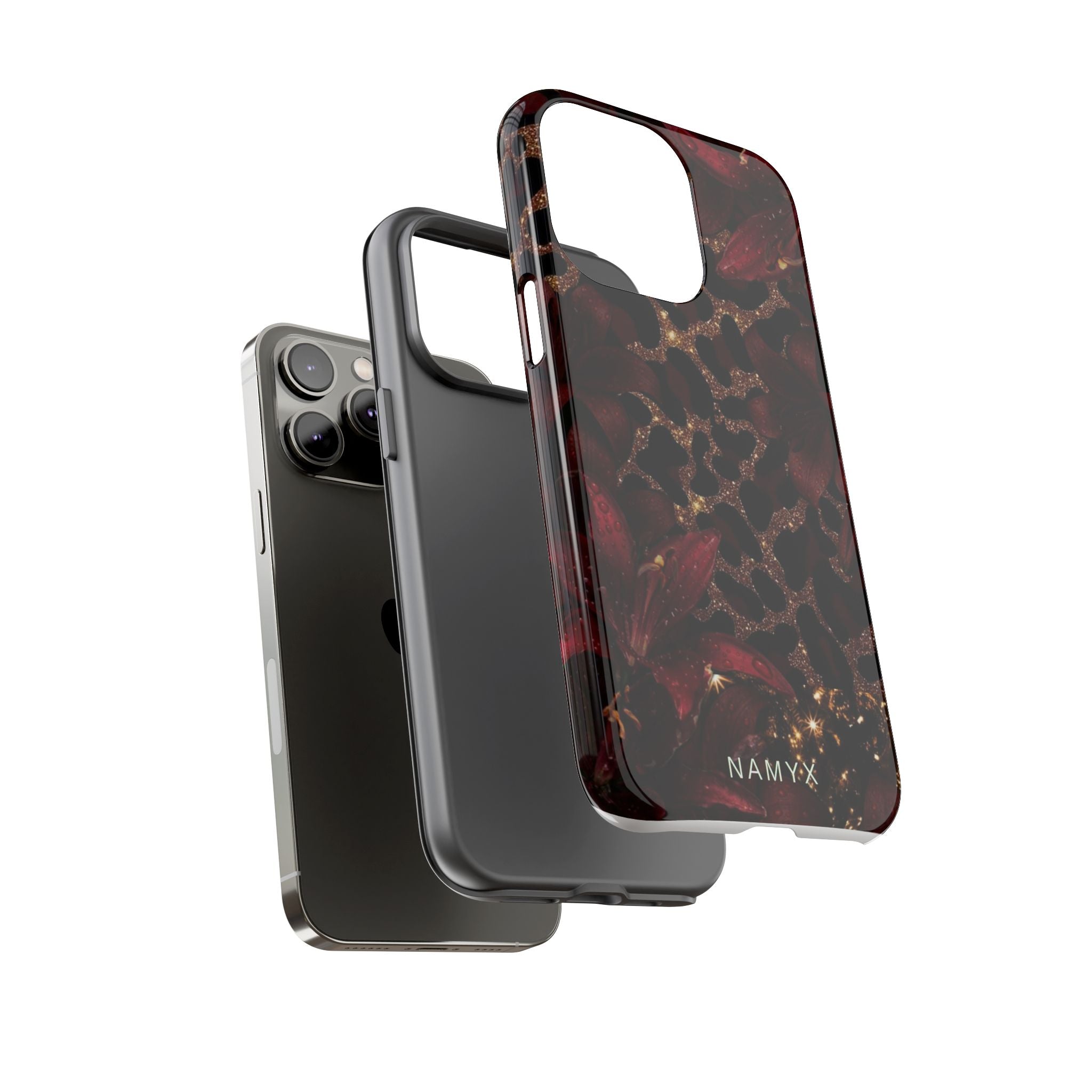 Protective Phone Case — Burgundy Floral & Gold Leopard Print Tough Case