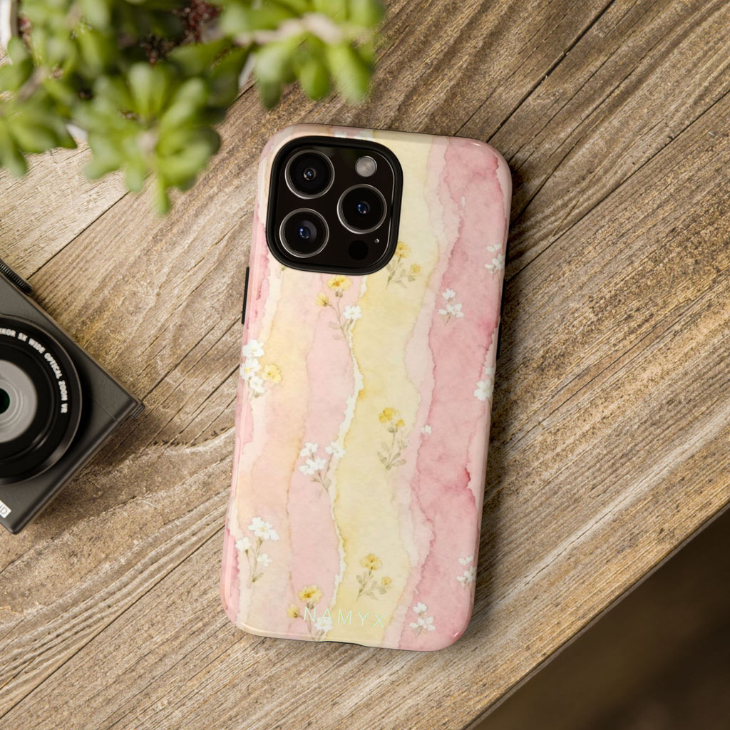 Floral Watercolor Tough Phone Case — Pink & Yellow Daisy Protective Cover