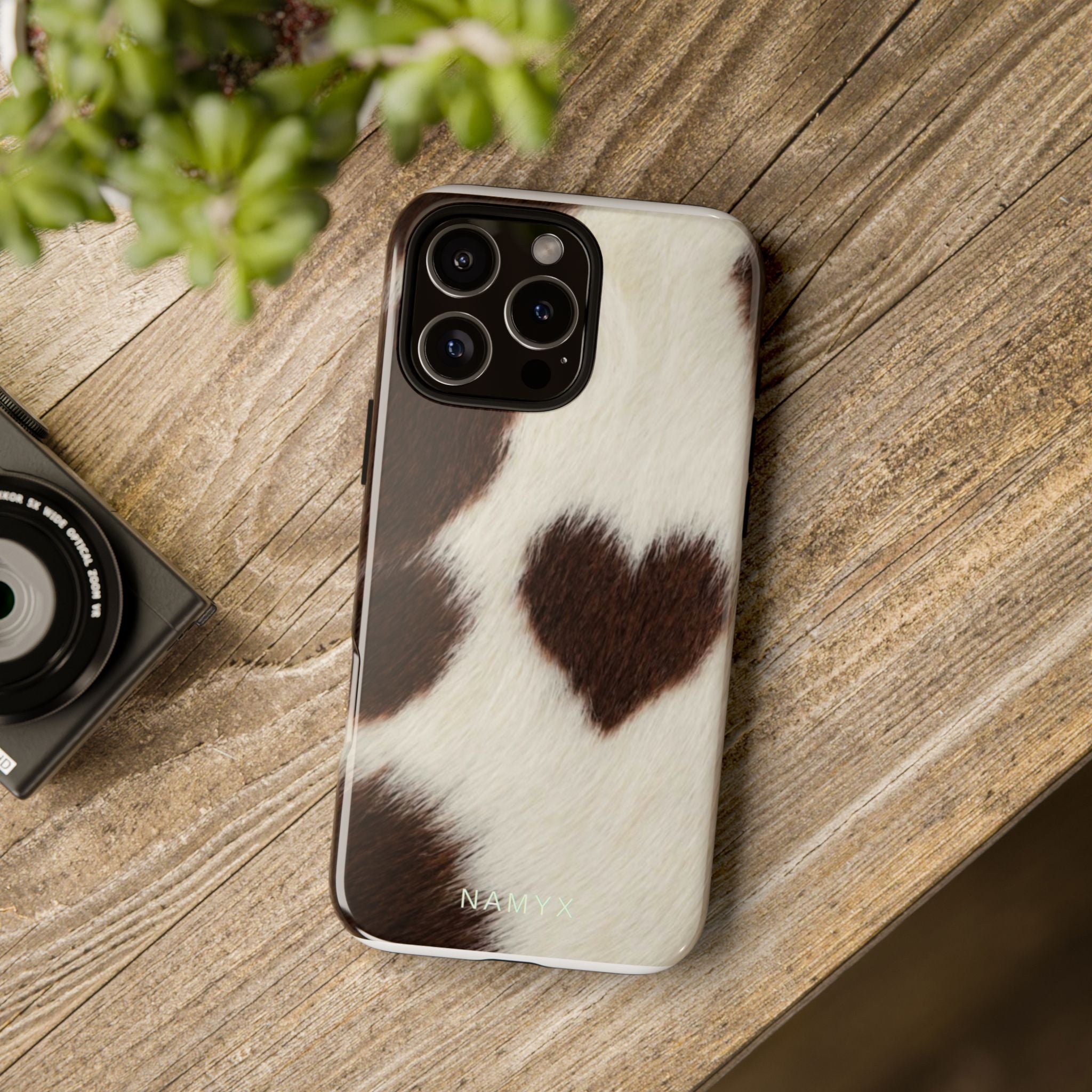 Cowhide Heart Phone Case — Cute Cow Print Protective iPhone Cover