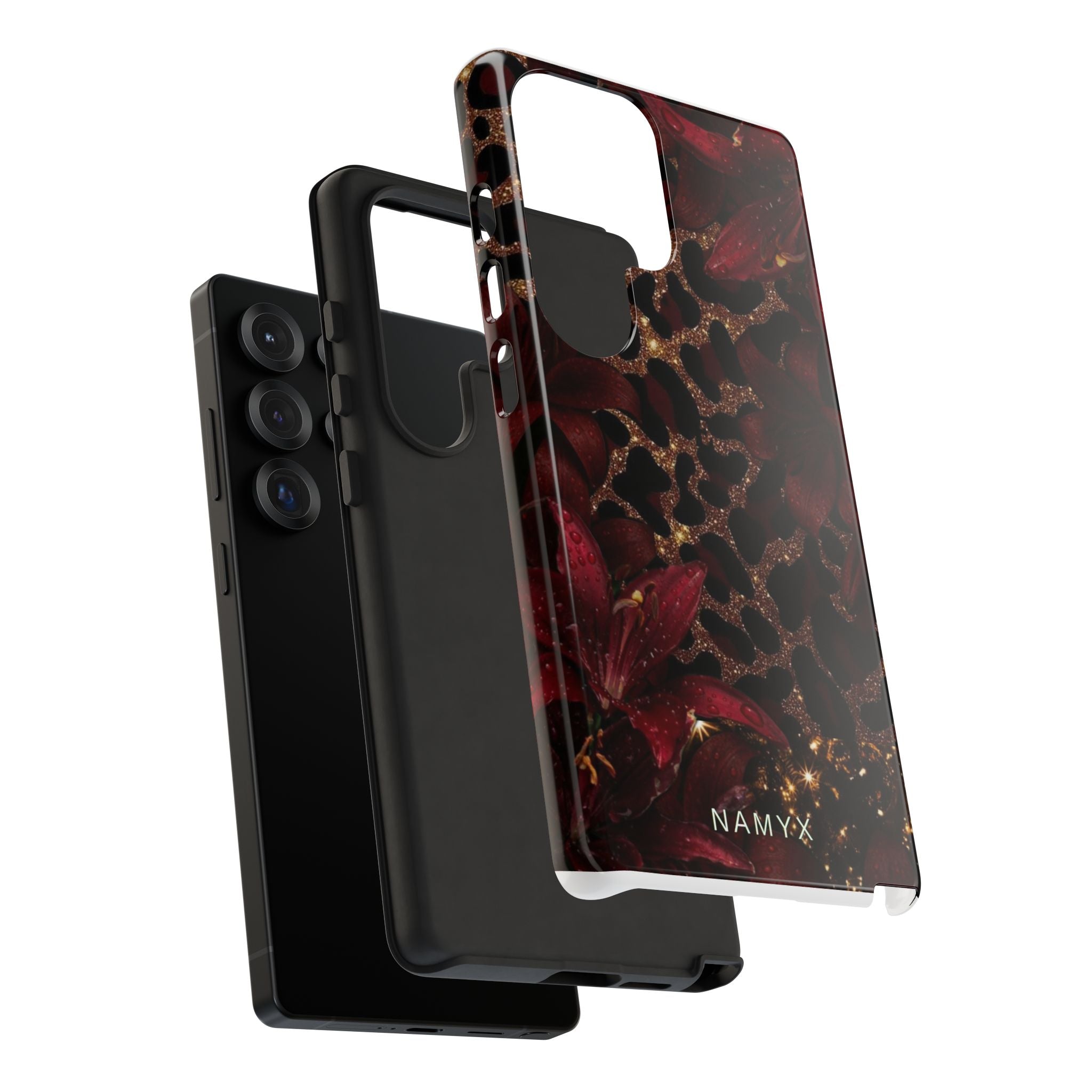 Protective Phone Case — Burgundy Floral & Gold Leopard Print Tough Case