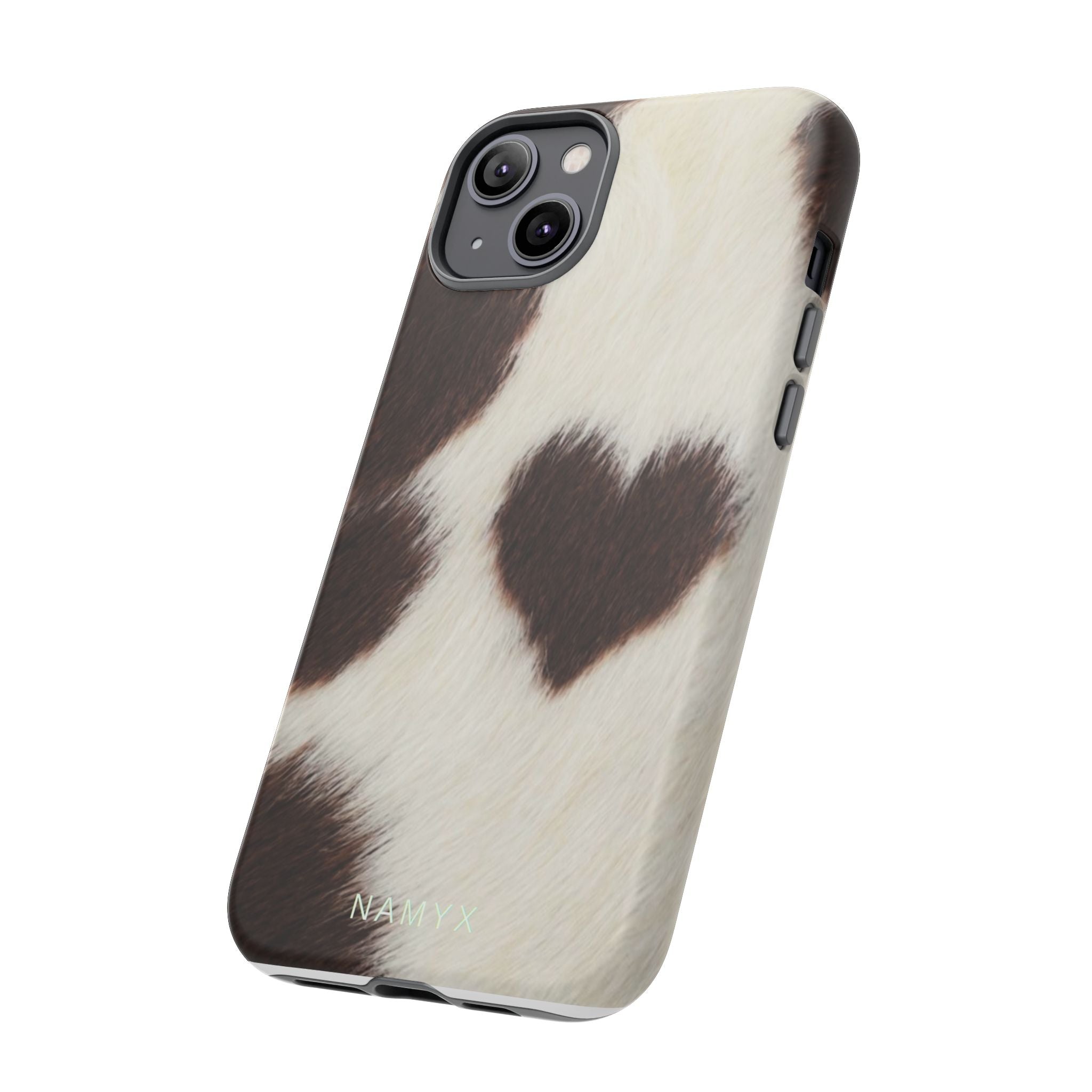 Cowhide Heart Phone Case — Cute Cow Print Protective iPhone Cover