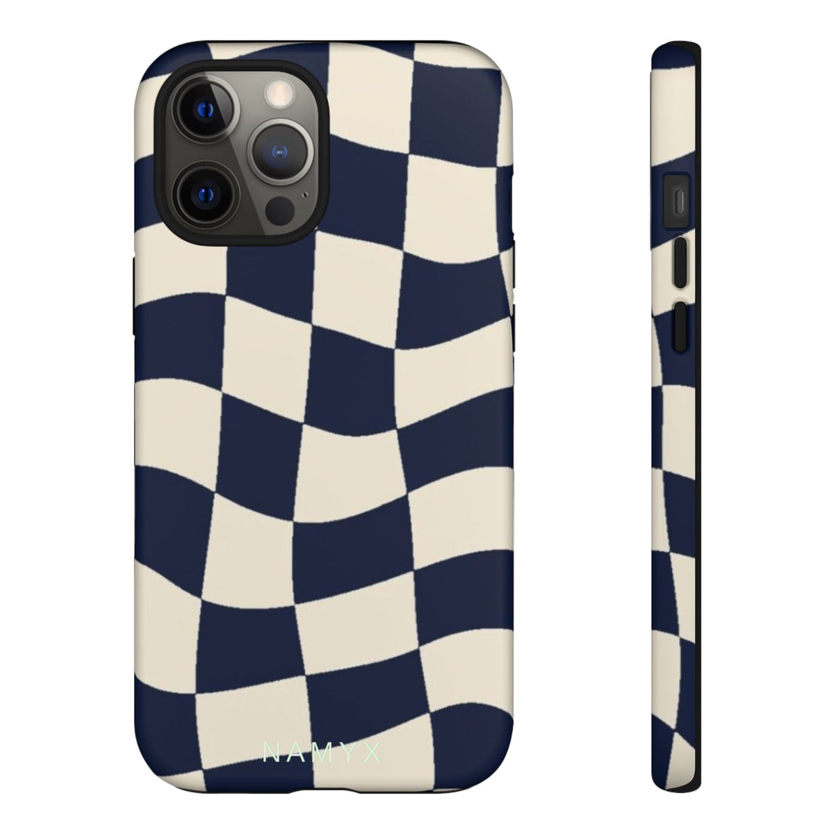 Wavy Checkered Phone Case – Retro Navy Racing Pattern Tough Case