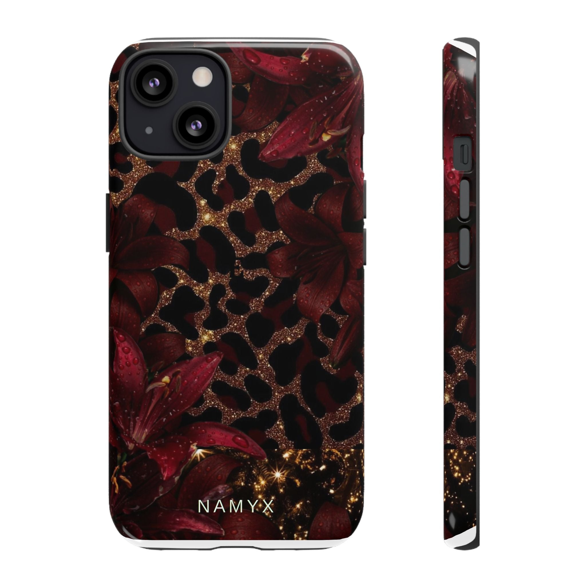 Protective Phone Case — Burgundy Floral & Gold Leopard Print Tough Case