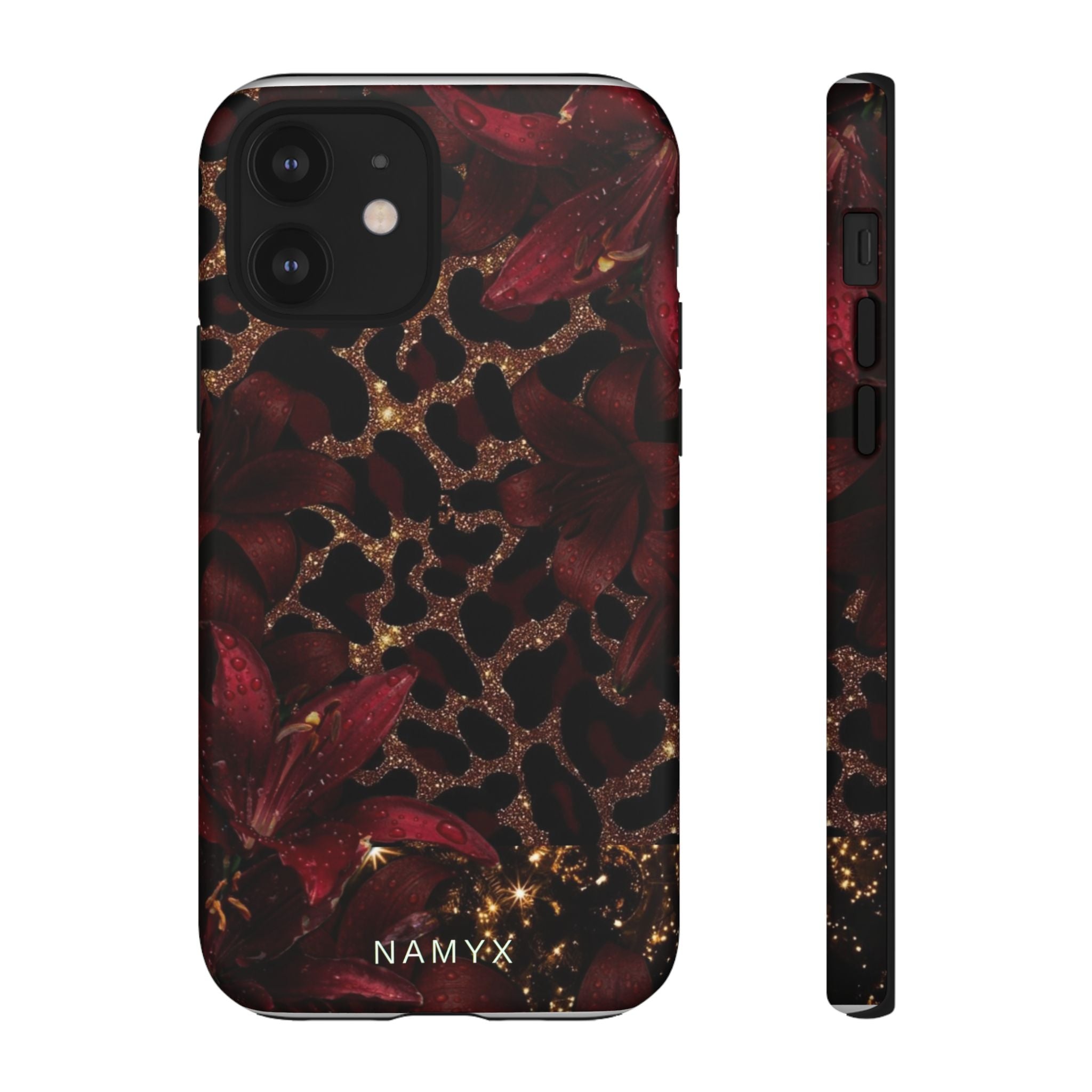 Protective Phone Case — Burgundy Floral & Gold Leopard Print Tough Case