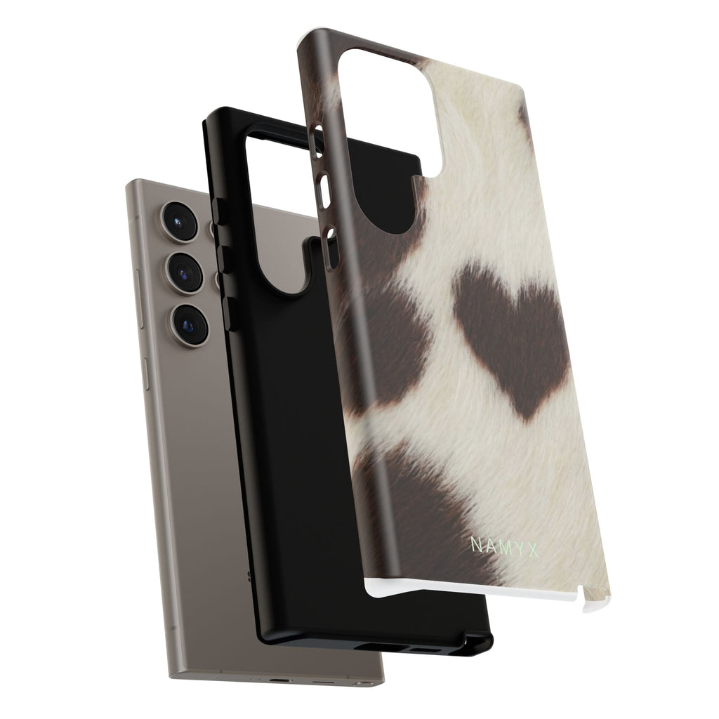 Cowhide Heart Phone Case — Cute Cow Print Protective iPhone Cover