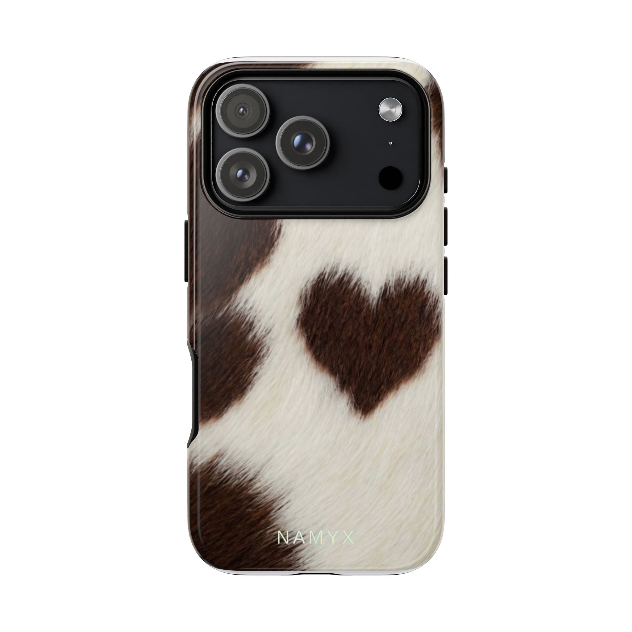 Cowhide Heart Phone Case — Cute Cow Print Protective iPhone Cover