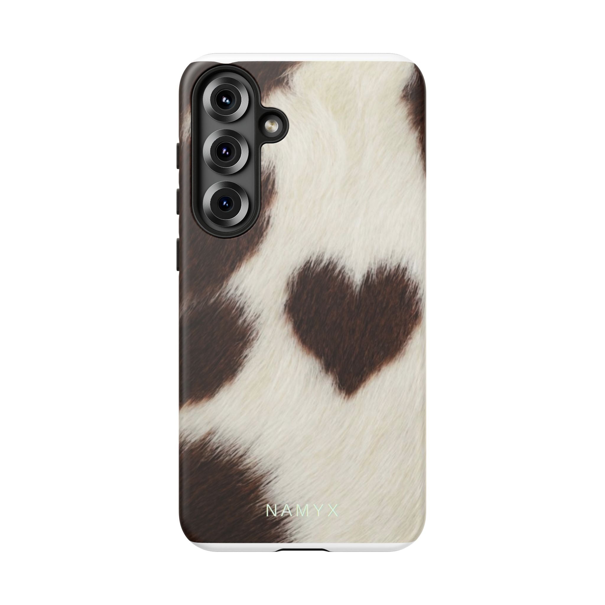 Cowhide Heart Phone Case — Cute Cow Print Protective iPhone Cover