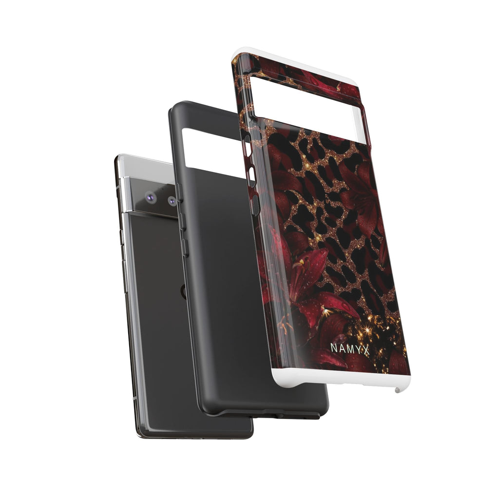 Protective Phone Case — Burgundy Floral & Gold Leopard Print Tough Case