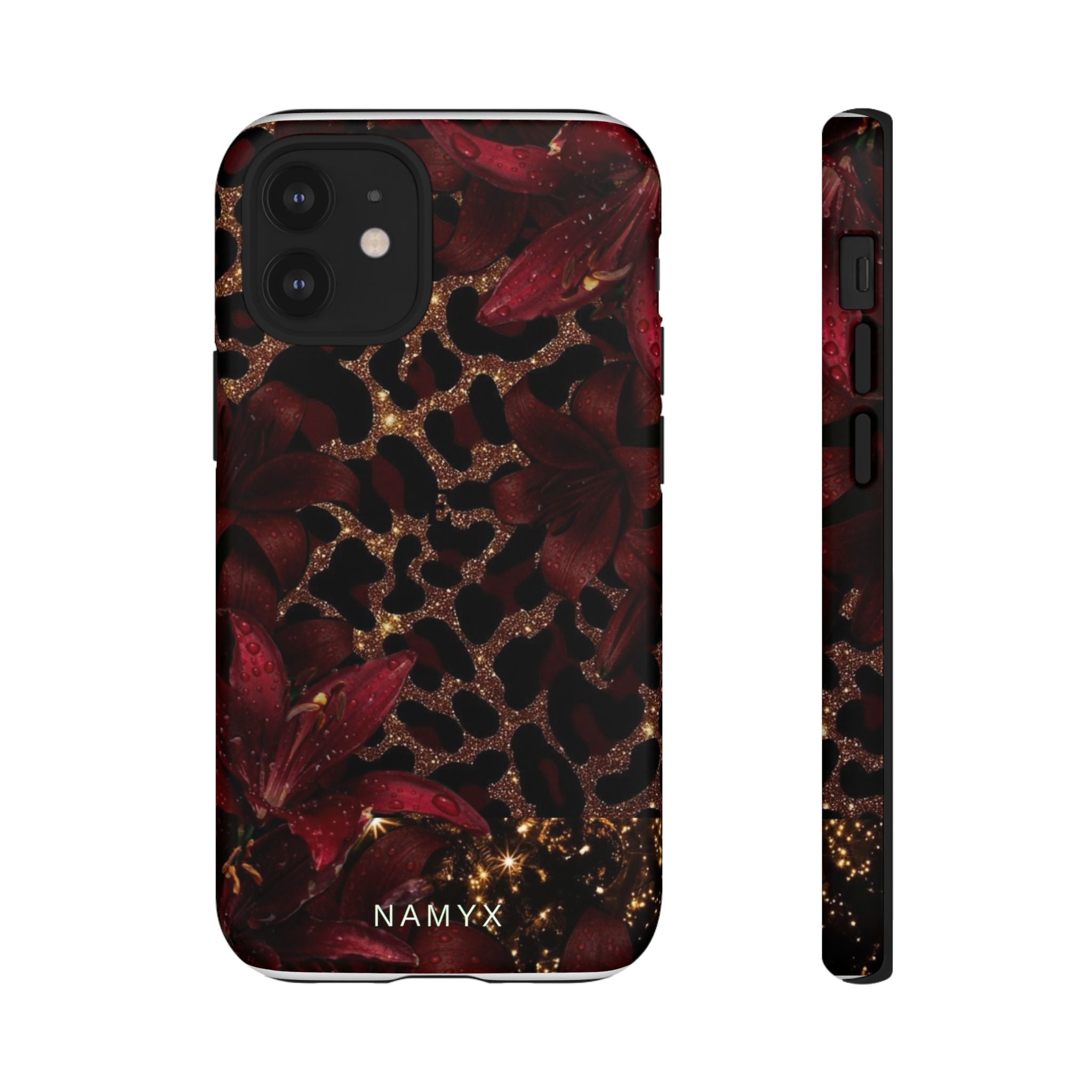 Protective Phone Case — Burgundy Floral & Gold Leopard Print Tough Case