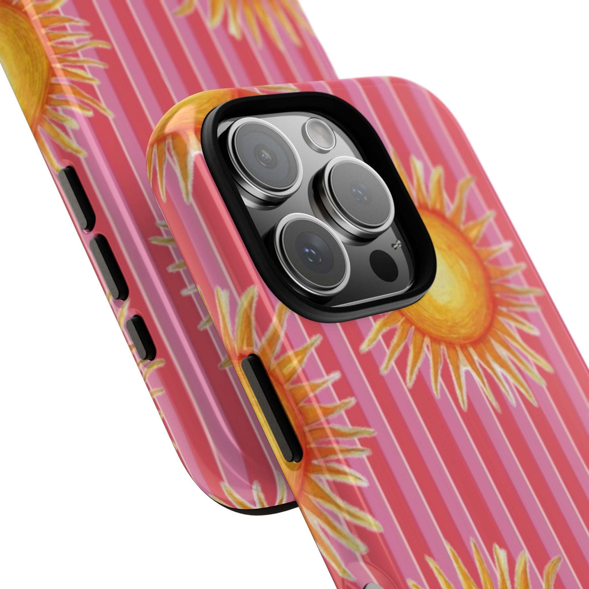 Sunburst Stripe Tough Phone Case — Bright Yellow Sun Pattern on Pink