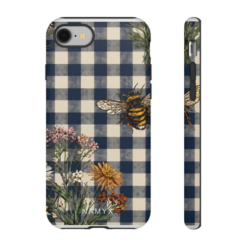 Bee & Wildflower Plaid Phone Case — Navy Buffalo Check Floral iPhone Cover