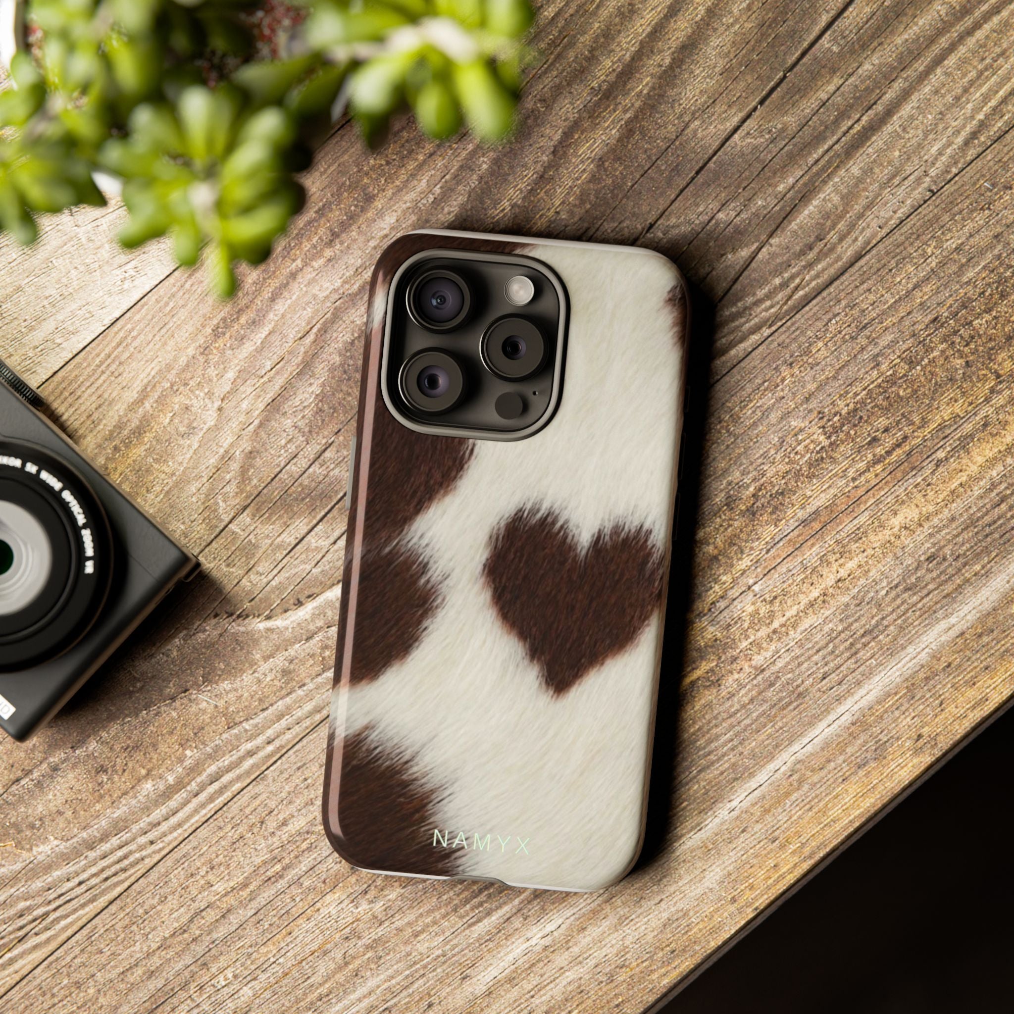 Cowhide Heart Phone Case — Cute Cow Print Protective iPhone Cover