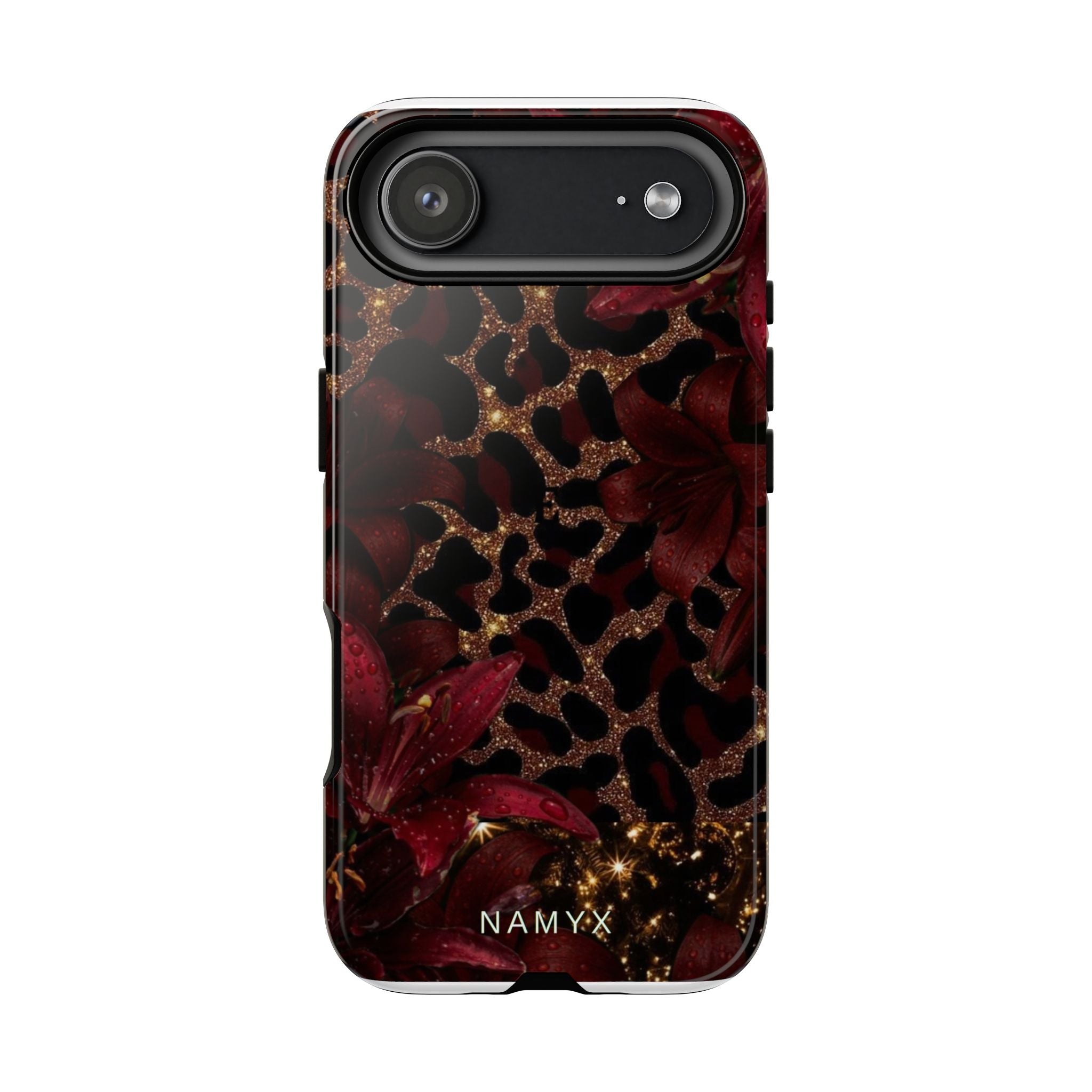 Protective Phone Case — Burgundy Floral & Gold Leopard Print Tough Case
