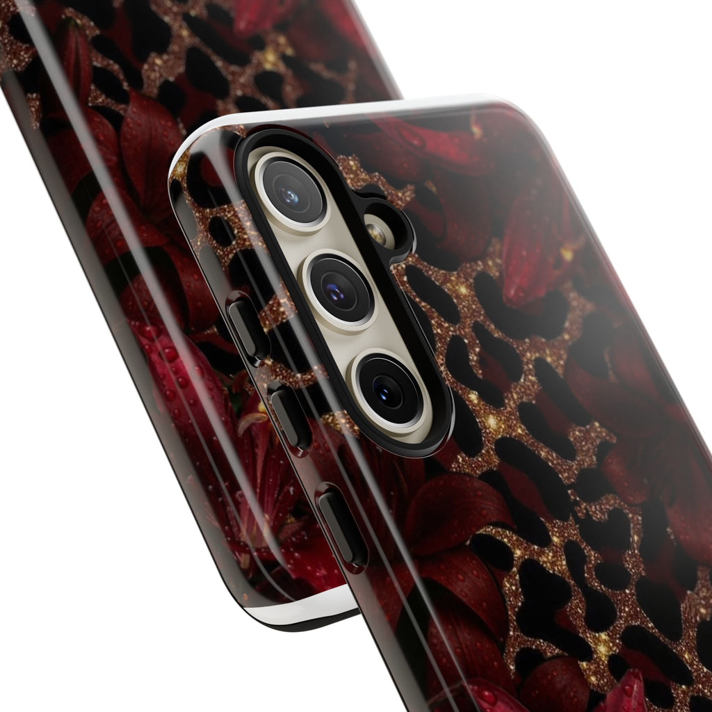 Protective Phone Case — Burgundy Floral & Gold Leopard Print Tough Case