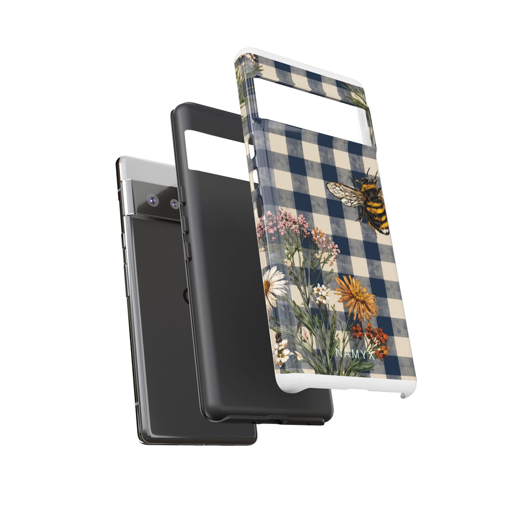 Bee & Wildflower Plaid Phone Case — Navy Buffalo Check Floral iPhone Cover