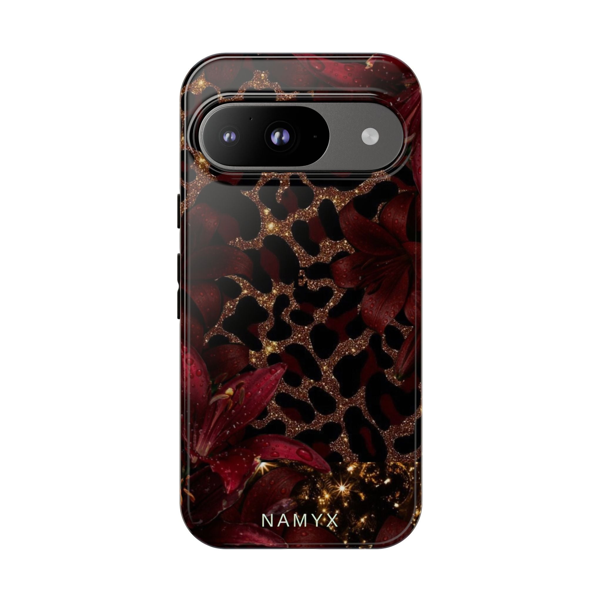 Protective Phone Case — Burgundy Floral & Gold Leopard Print Tough Case