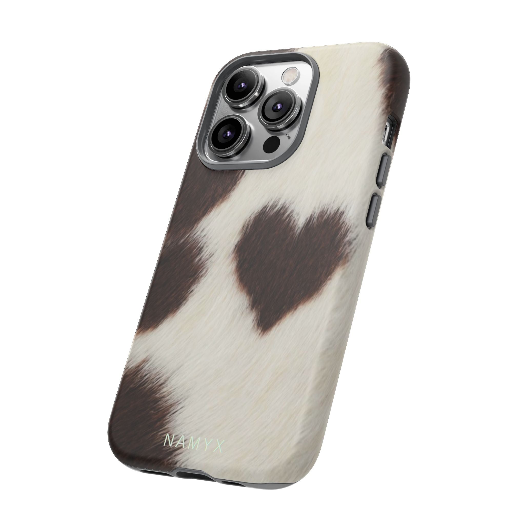 Cowhide Heart Phone Case — Cute Cow Print Protective iPhone Cover