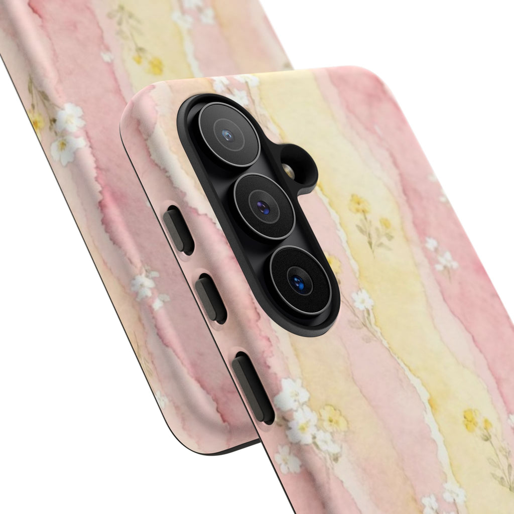 Floral Watercolor Tough Phone Case — Pink & Yellow Daisy Protective Cover