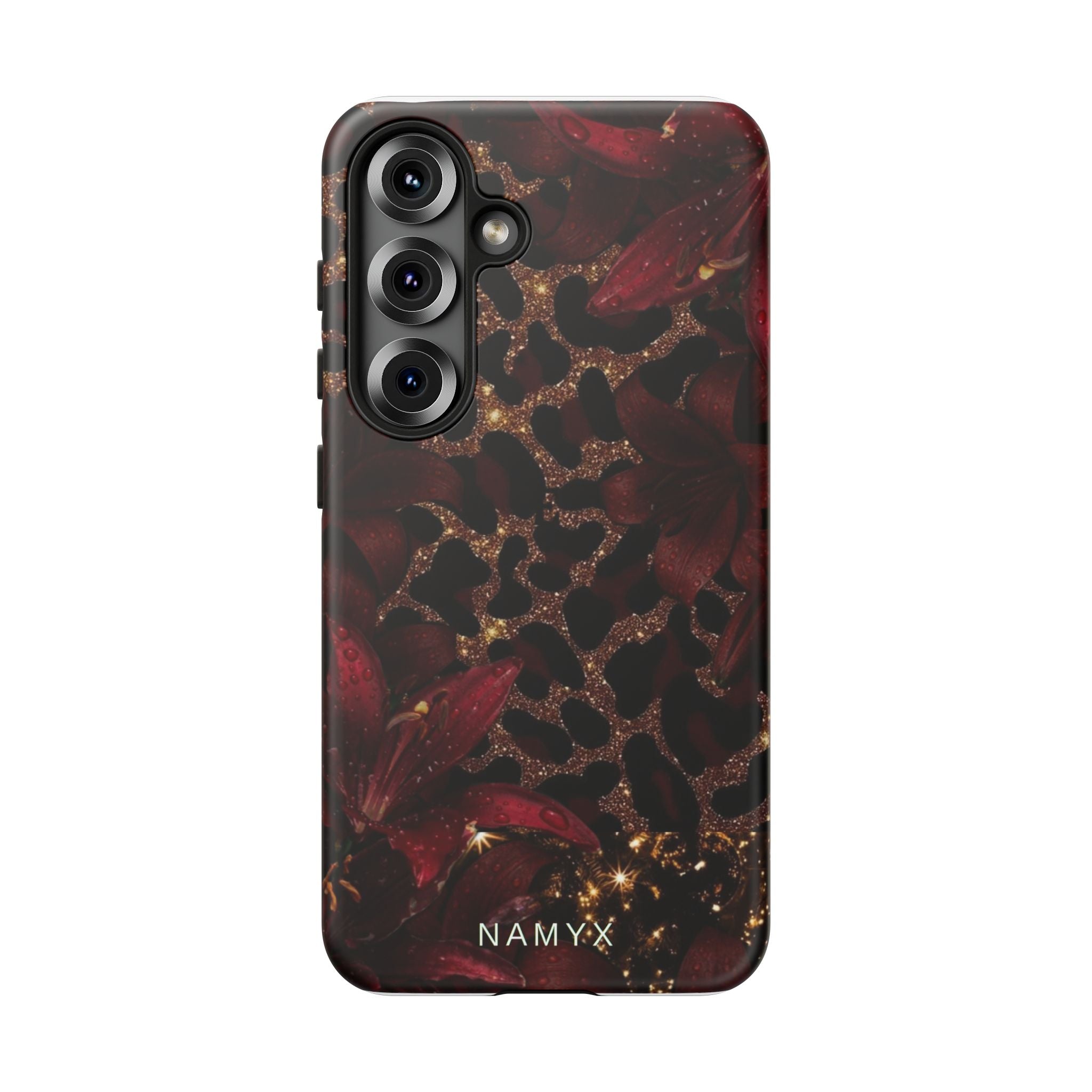 Protective Phone Case — Burgundy Floral & Gold Leopard Print Tough Case