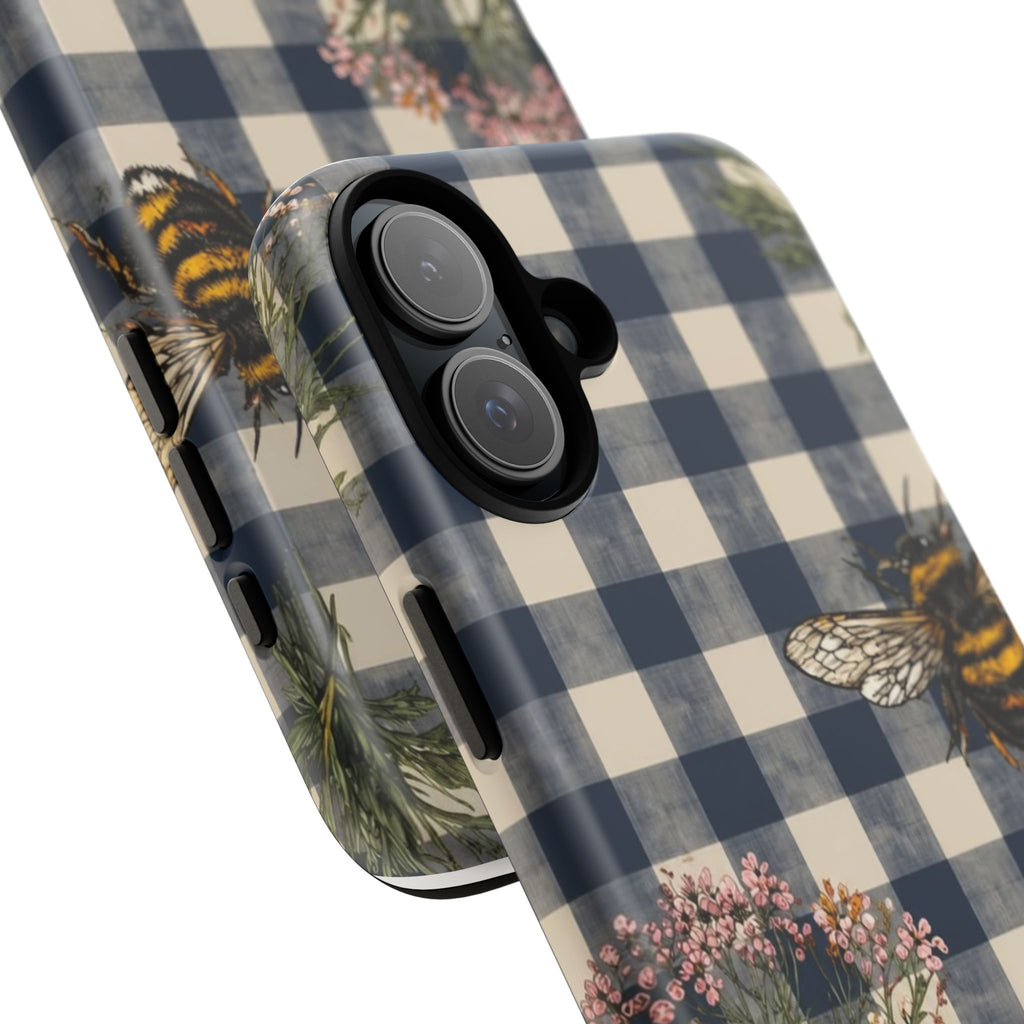Bee & Wildflower Plaid Phone Case — Navy Buffalo Check Floral iPhone Cover