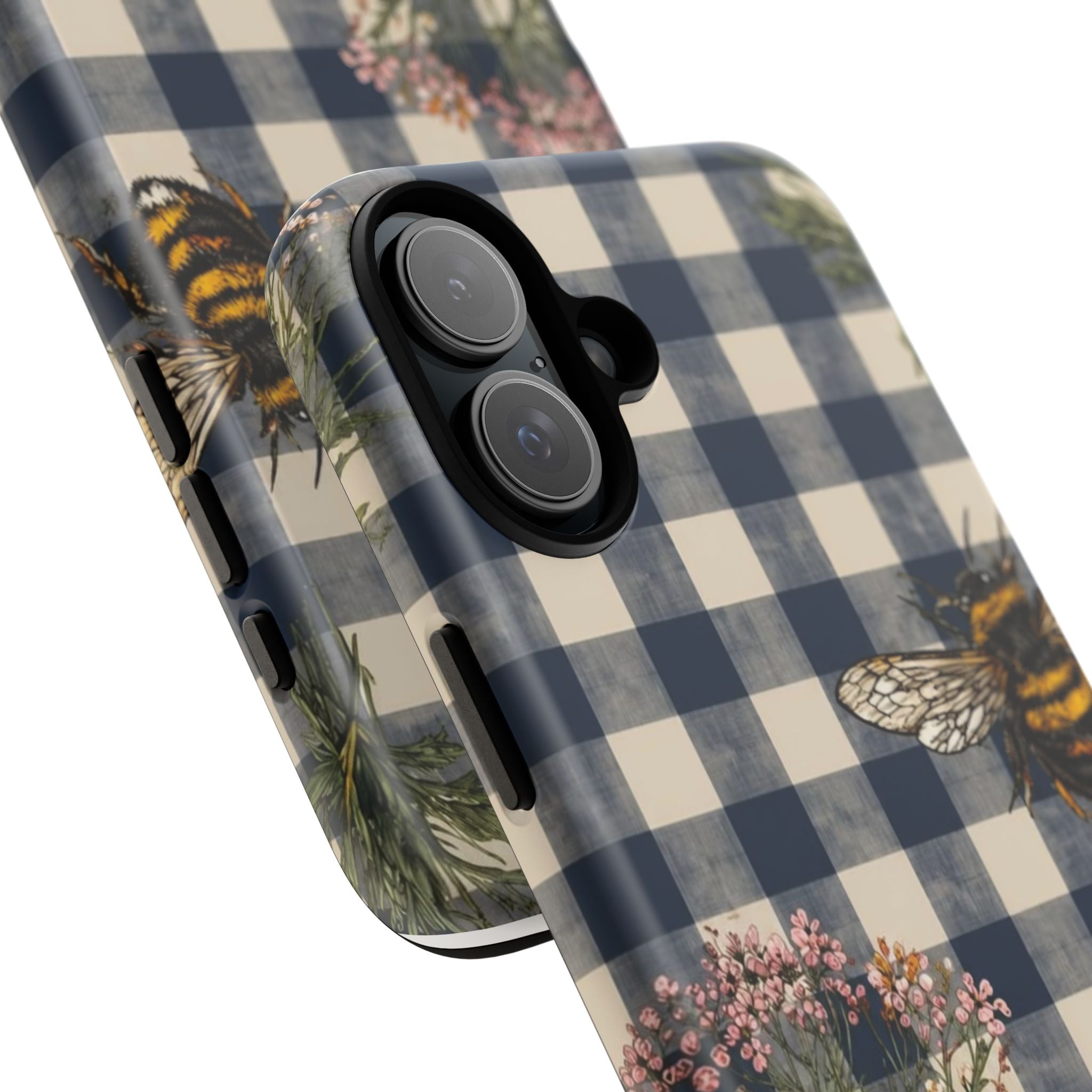 Bee & Wildflower Plaid Phone Case — Navy Buffalo Check Floral iPhone Cover